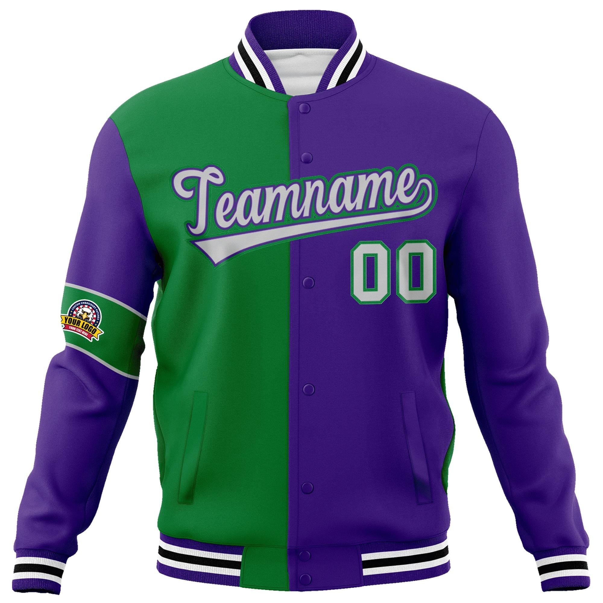 Custom Kelly Green Purple-Gray Letterman Two Tone Full-Snap Split Fashion Jacket