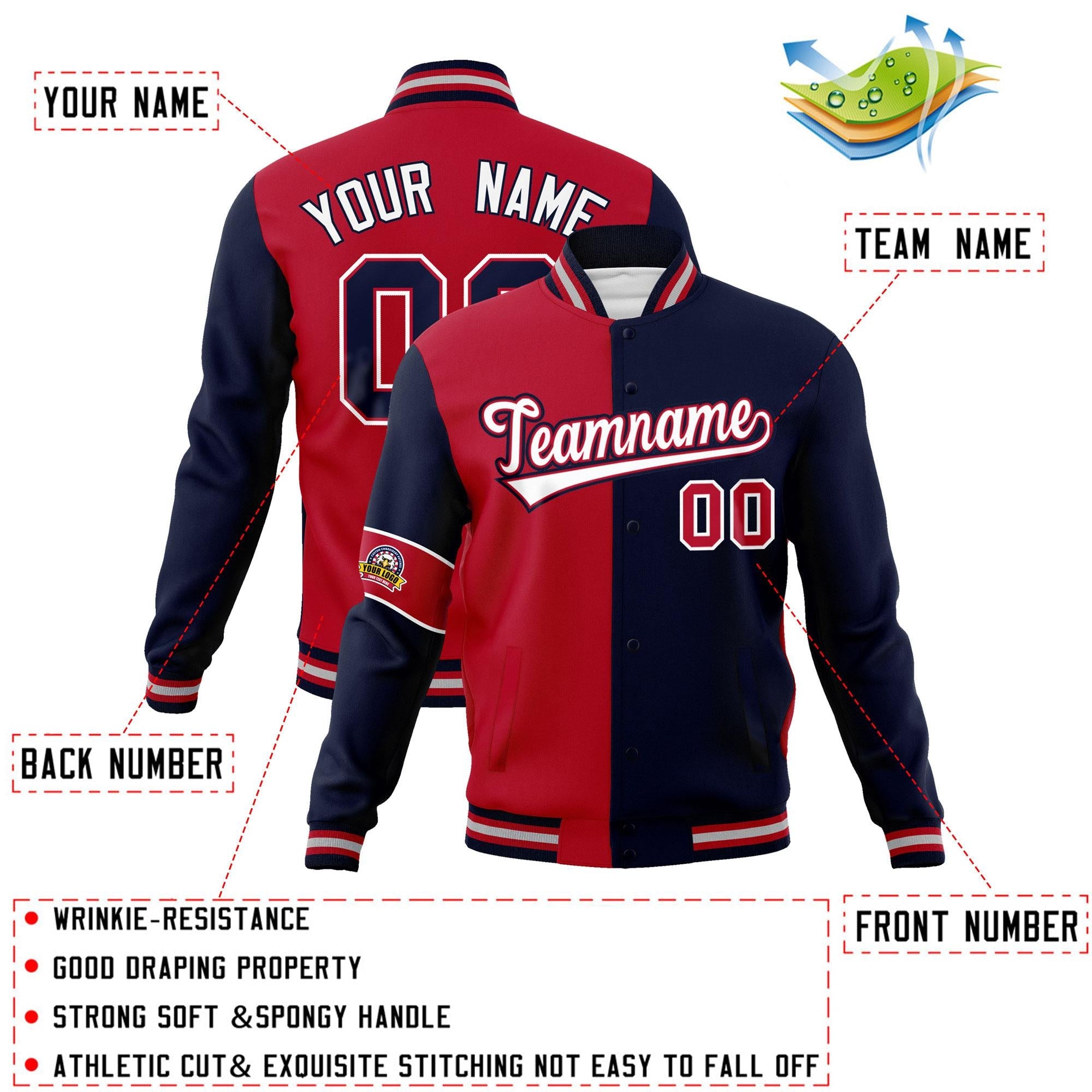 Custom Red Navy-White Letterman Two Tone Full-Snap Split Fashion Jacket