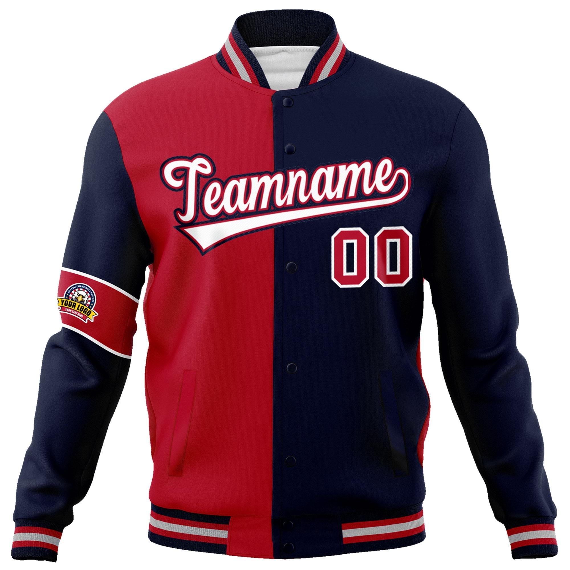 Custom Red Navy-White Letterman Two Tone Full-Snap Split Fashion Jacket