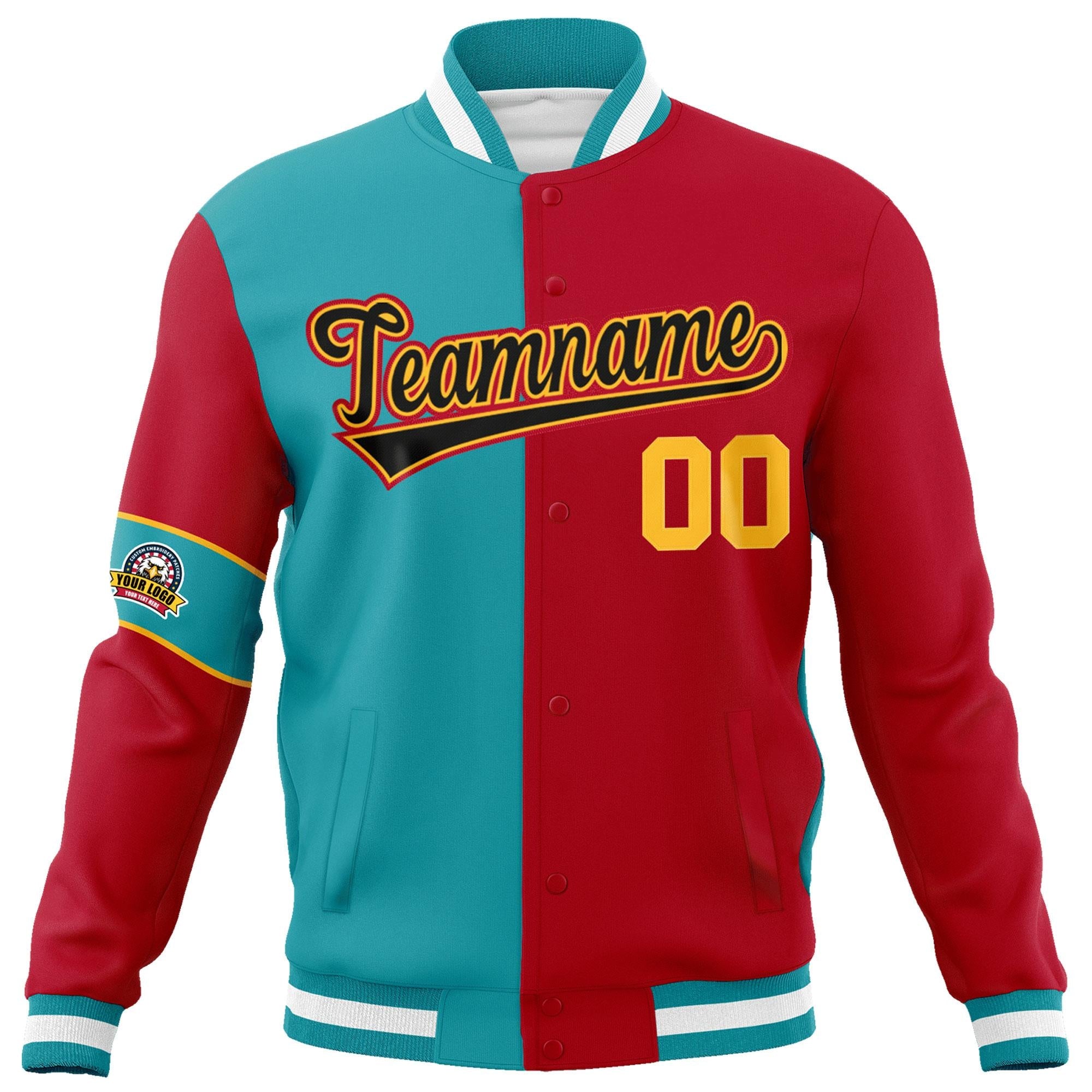 Custom Aqua Red-Black Letterman Two Tone Full-Snap Split Fashion Jacket