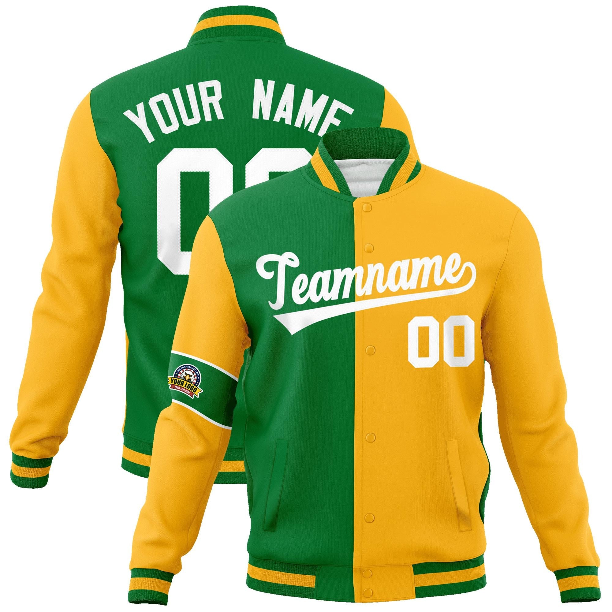 Custom Kelly Green Gold-White Letterman Two Tone Full-Snap Split Fashion Jacket