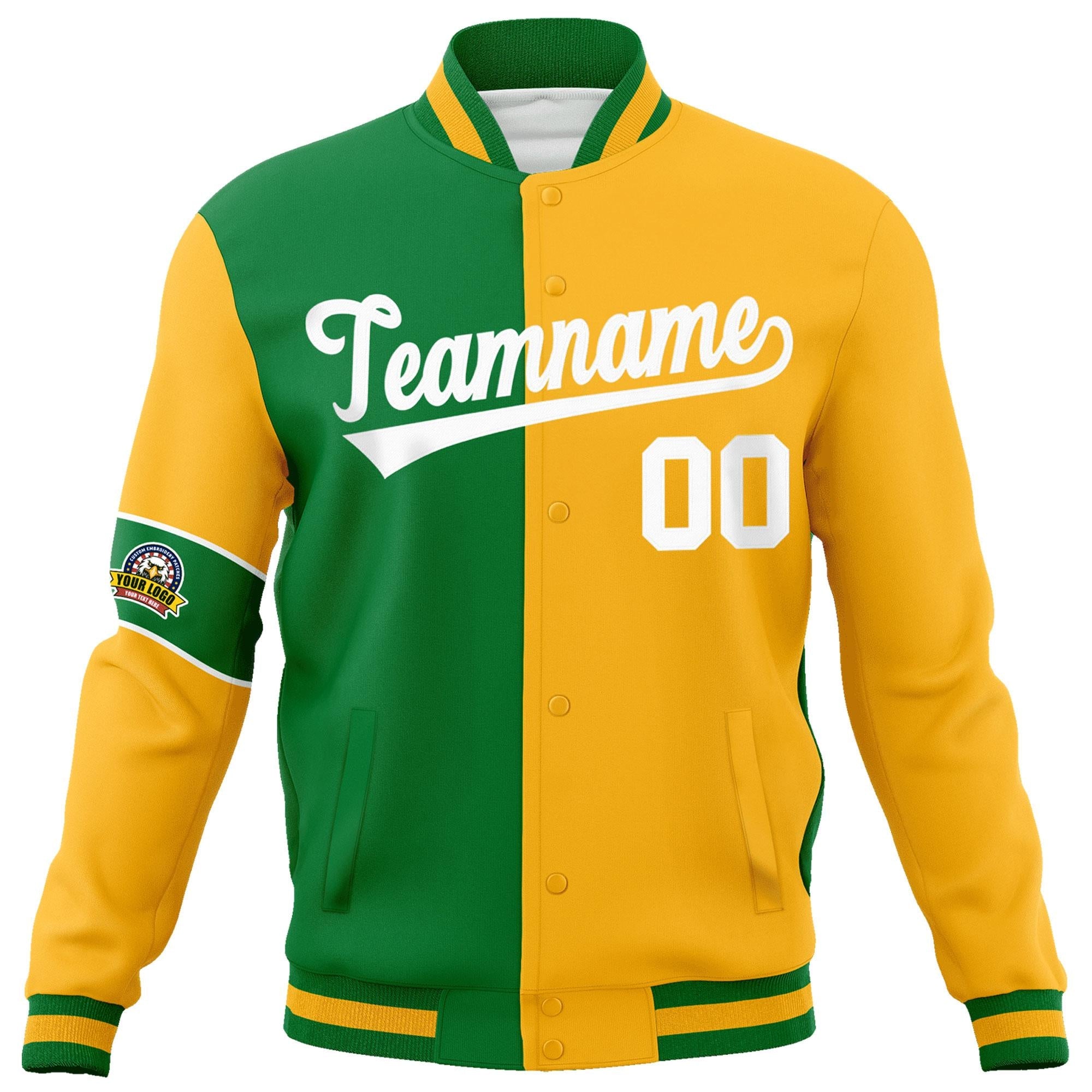 Custom Kelly Green Gold-White Letterman Two Tone Full-Snap Split Fashion Jacket