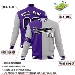 Custom Purple Gray-Black Letterman Two Tone Full-Snap Split Fashion Jacket