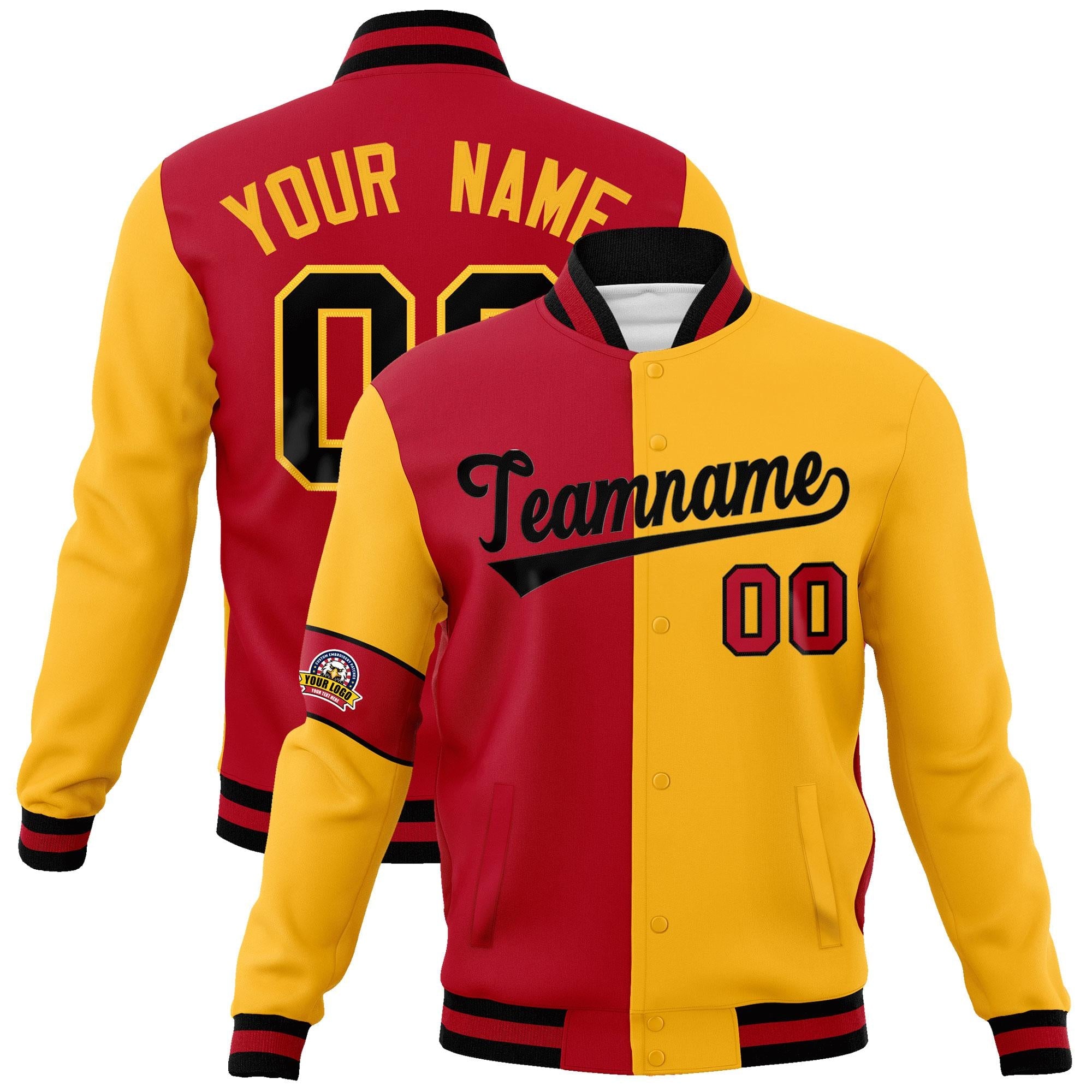 Custom Red Gold-Black Letterman Two Tone Full-Snap Split Fashion Jacket