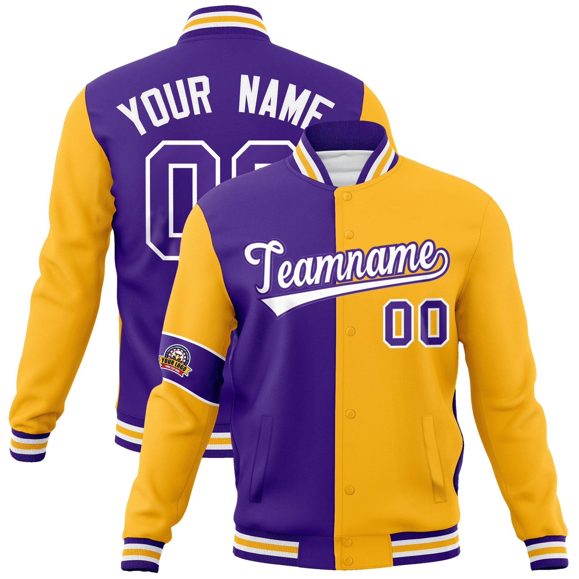 Custom Purple Gold-White Letterman Two Tone Full-Snap Split Fashion Jacket