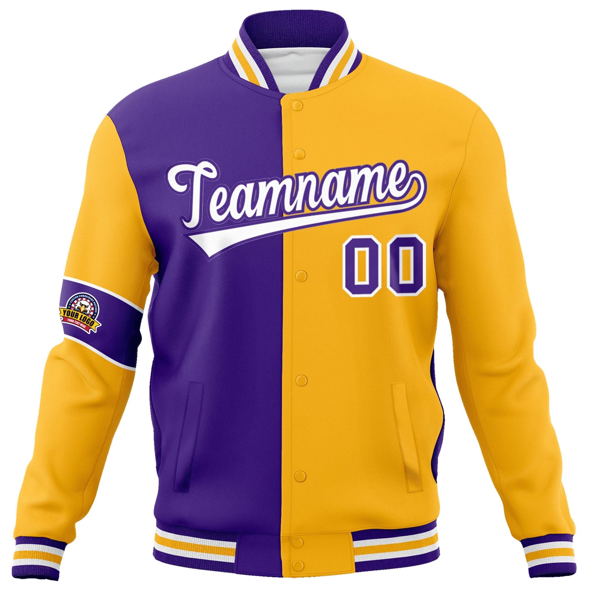 Custom Purple Gold-White Letterman Two Tone Full-Snap Split Fashion Jacket