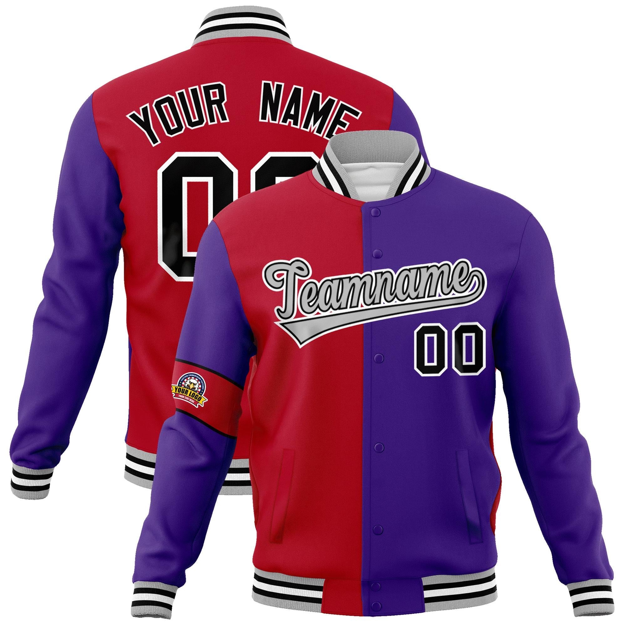 Custom Red Purple-Gray Letterman Two Tone Full-Snap Split Fashion Jacket