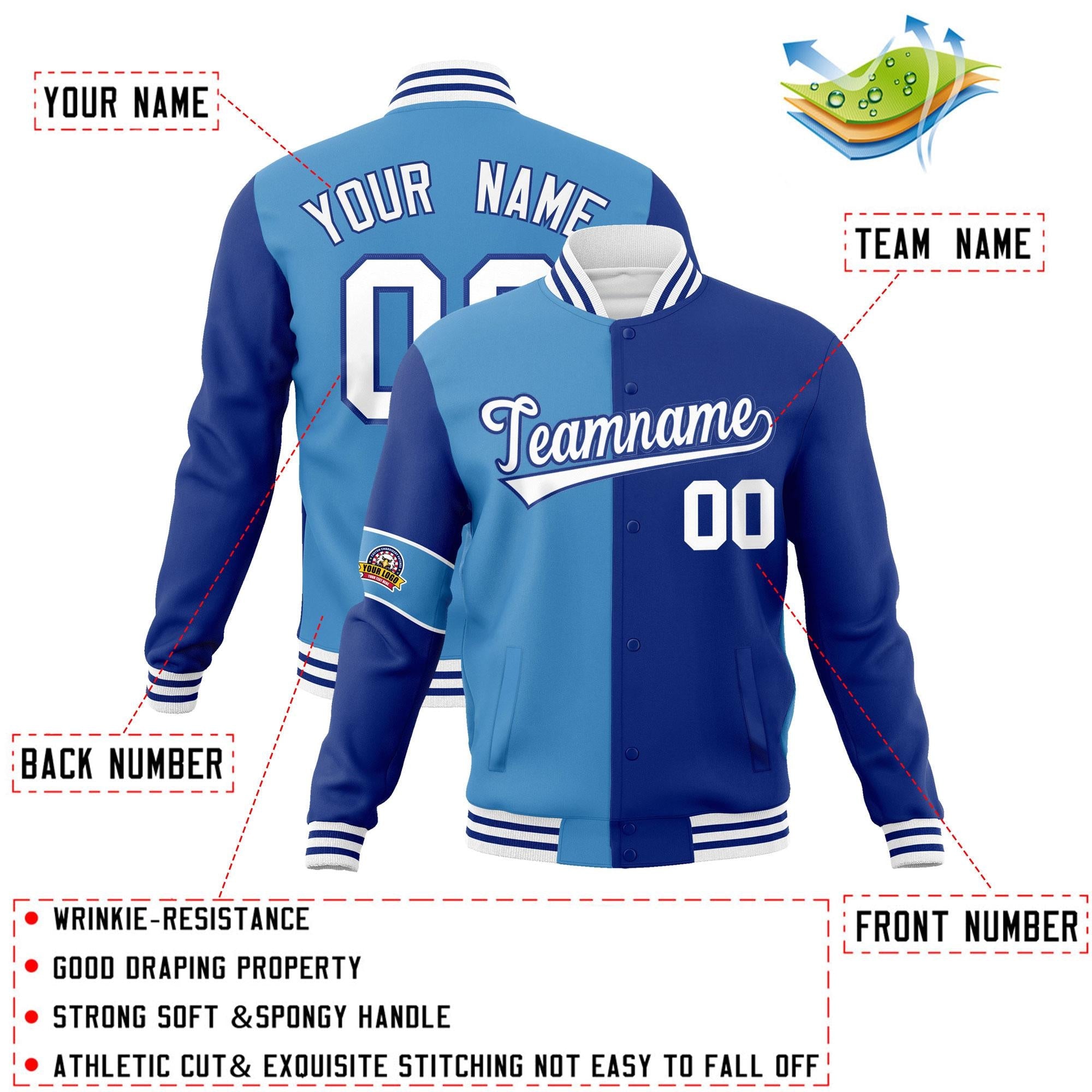 Custom Blue Royal-White Letterman Two Tone Full-Snap Split Fashion Jacket