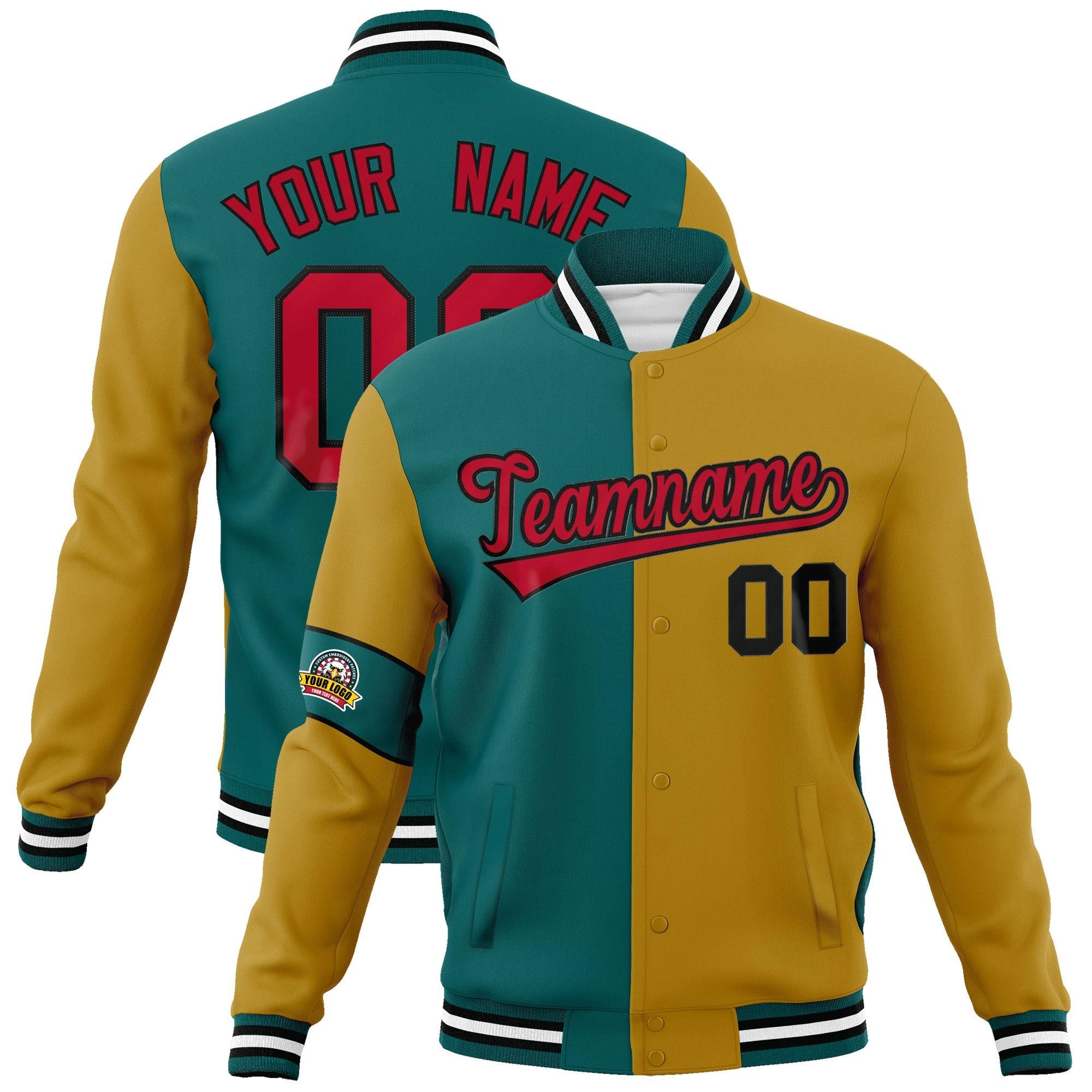 Custom Aqua Old Gold-Red Letterman Two Tone Full-Snap Split Fashion Jacket