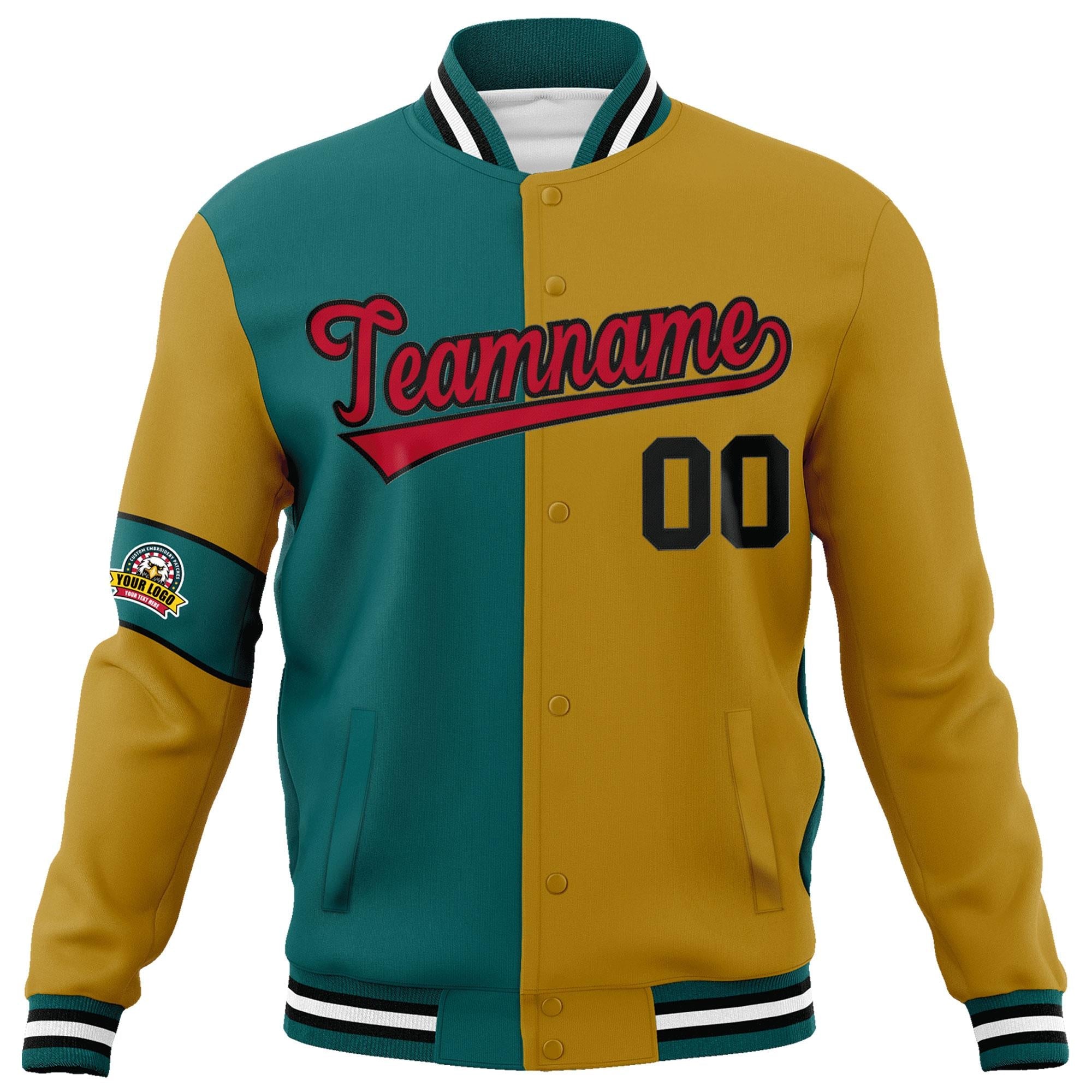 Custom Aqua Old Gold-Red Letterman Two Tone Full-Snap Split Fashion Jacket