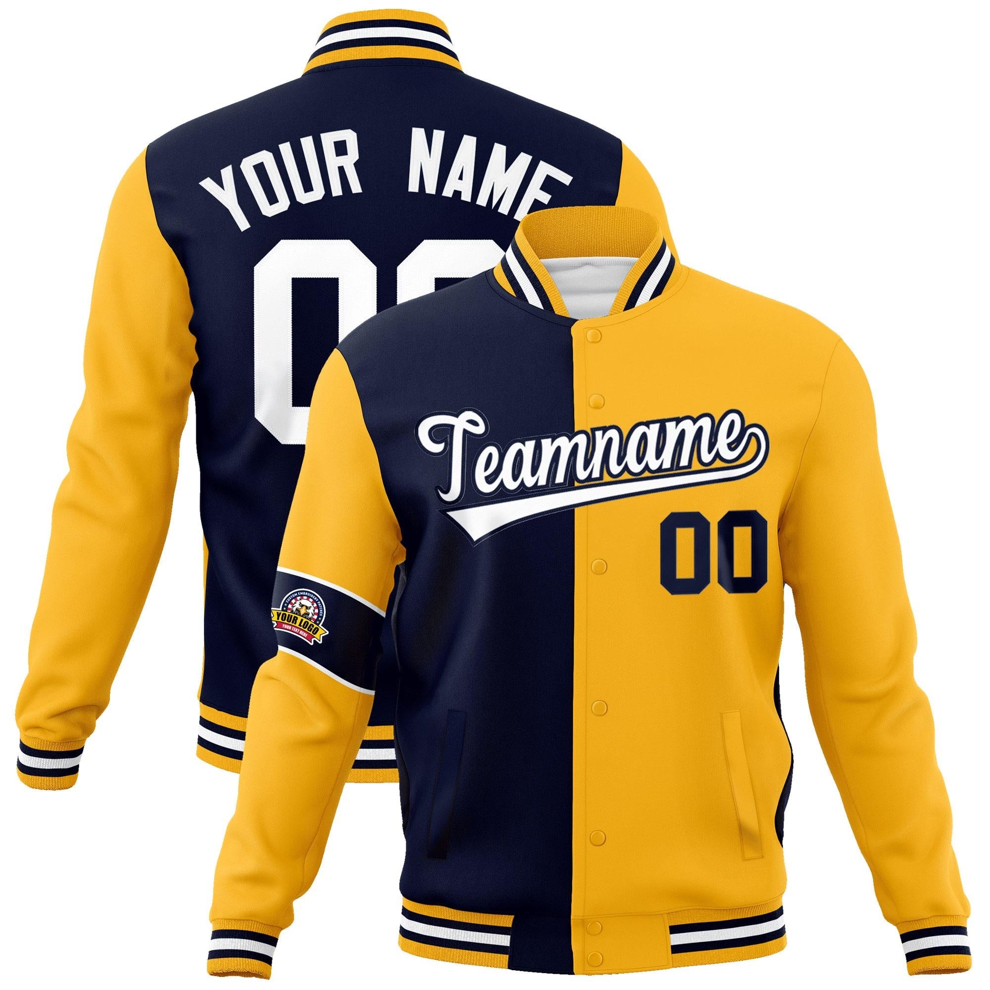 Custom Navy Gold-White Letterman Two Tone Full-Snap Split Fashion Jacket