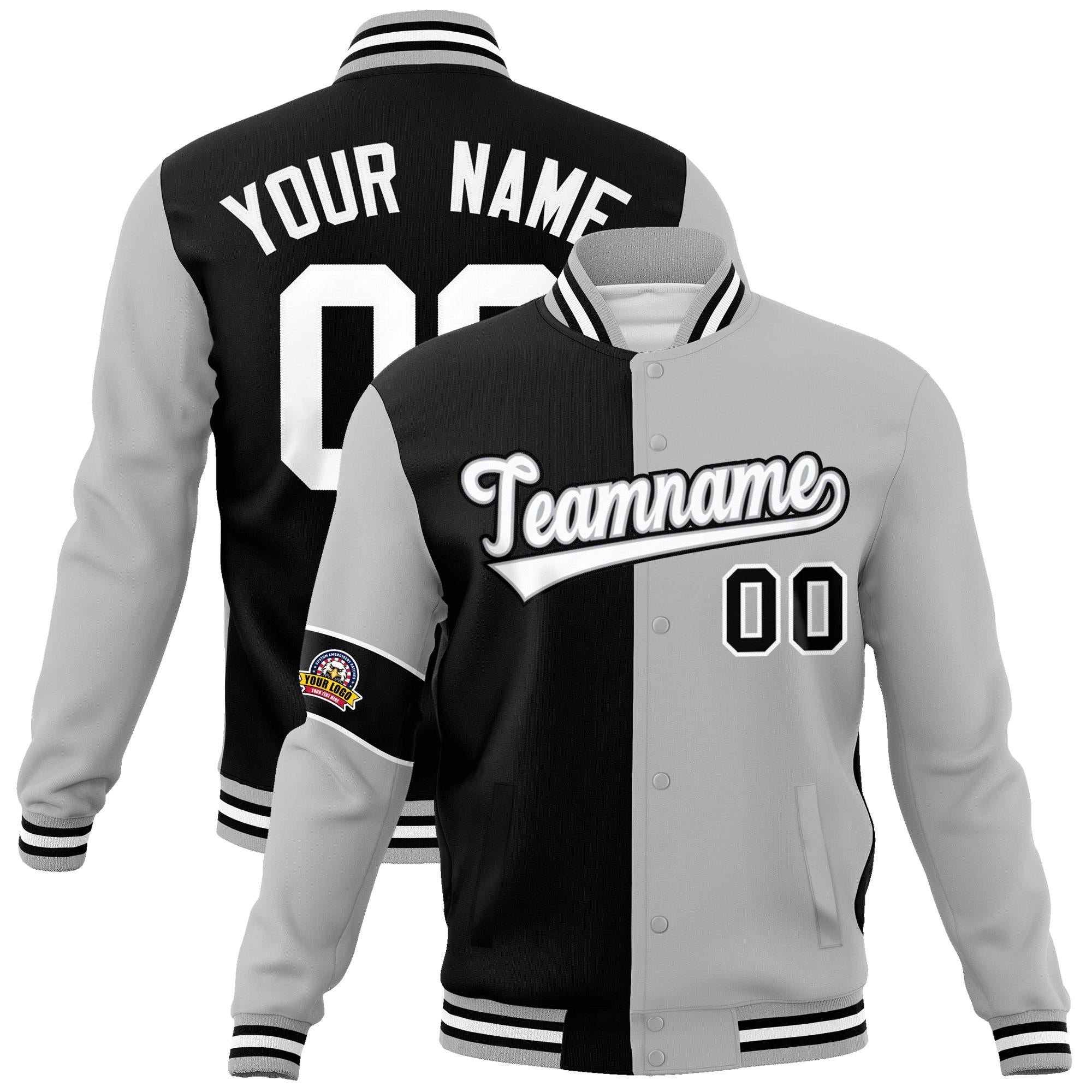 Custom Black Gray-White Letterman Two Tone Full-Snap Split Fashion Jacket