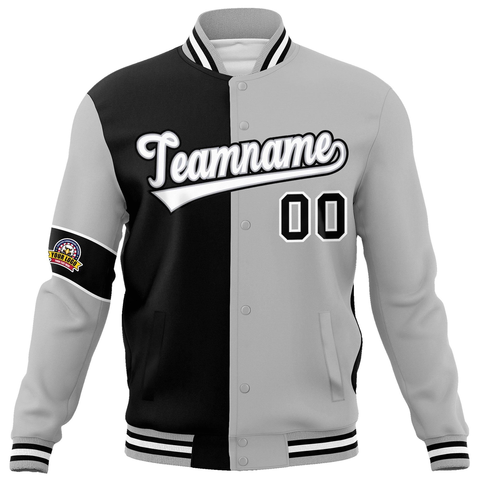 Custom Black Gray-White Letterman Two Tone Full-Snap Split Fashion Jacket