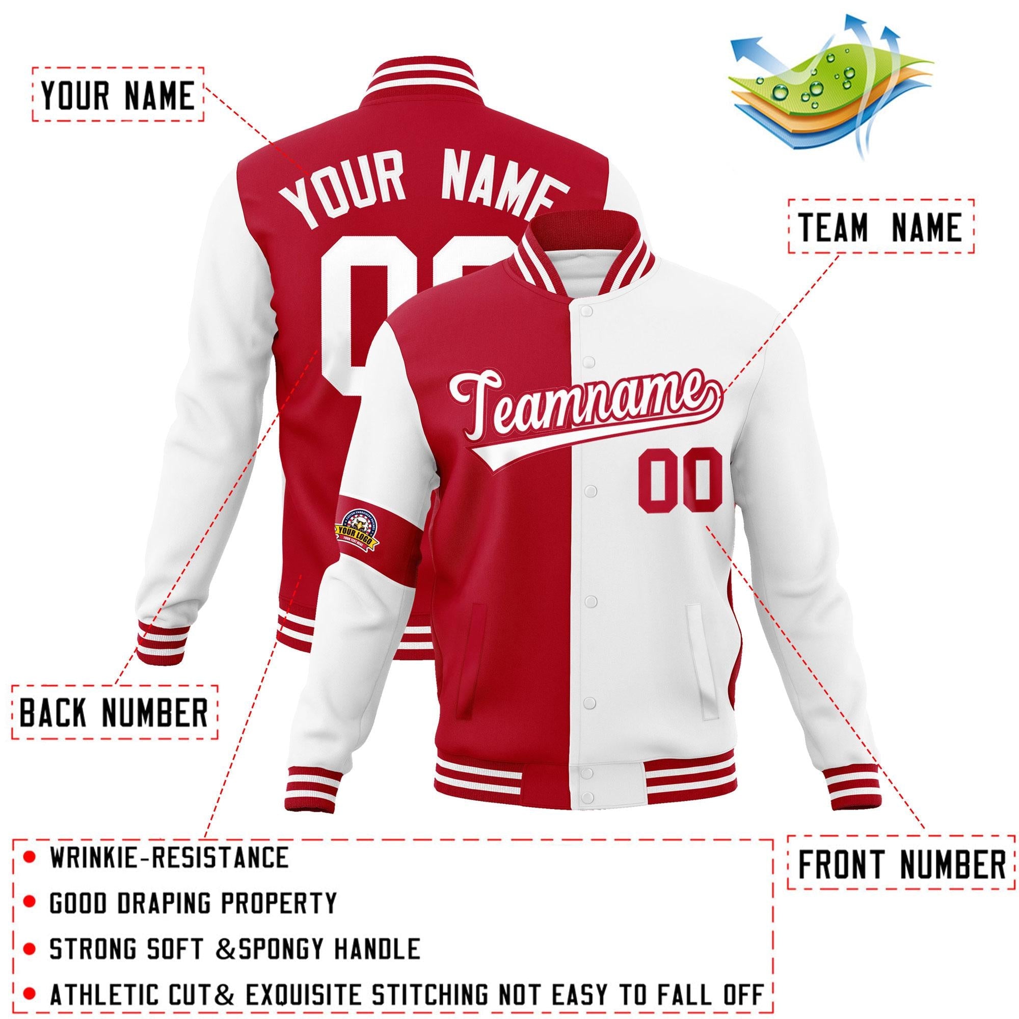 Custom Red White Letterman Two Tone Full-Snap Split Fashion Jacket