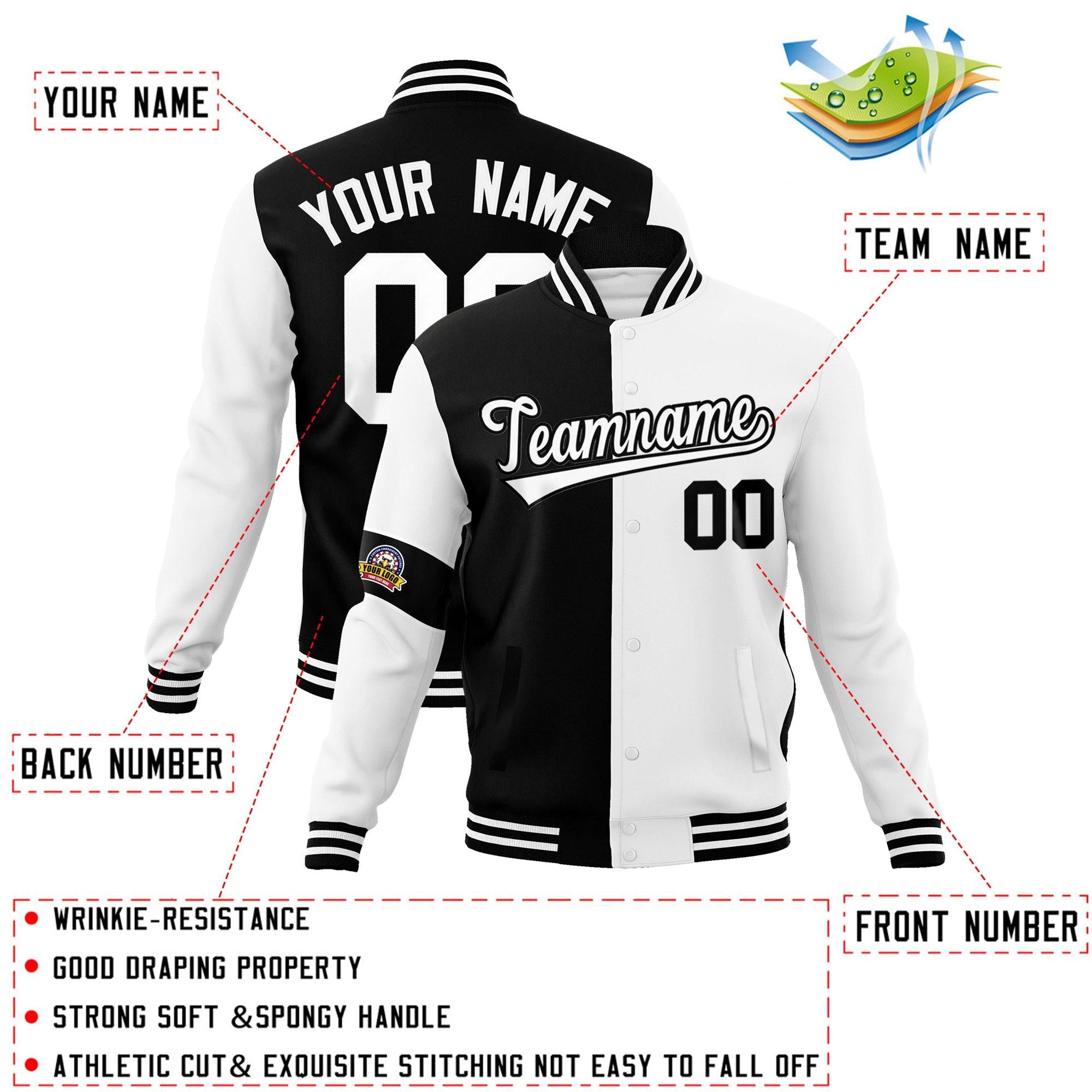 Custom Black White Letterman Two Tone Full-Snap Split Fashion Jacket