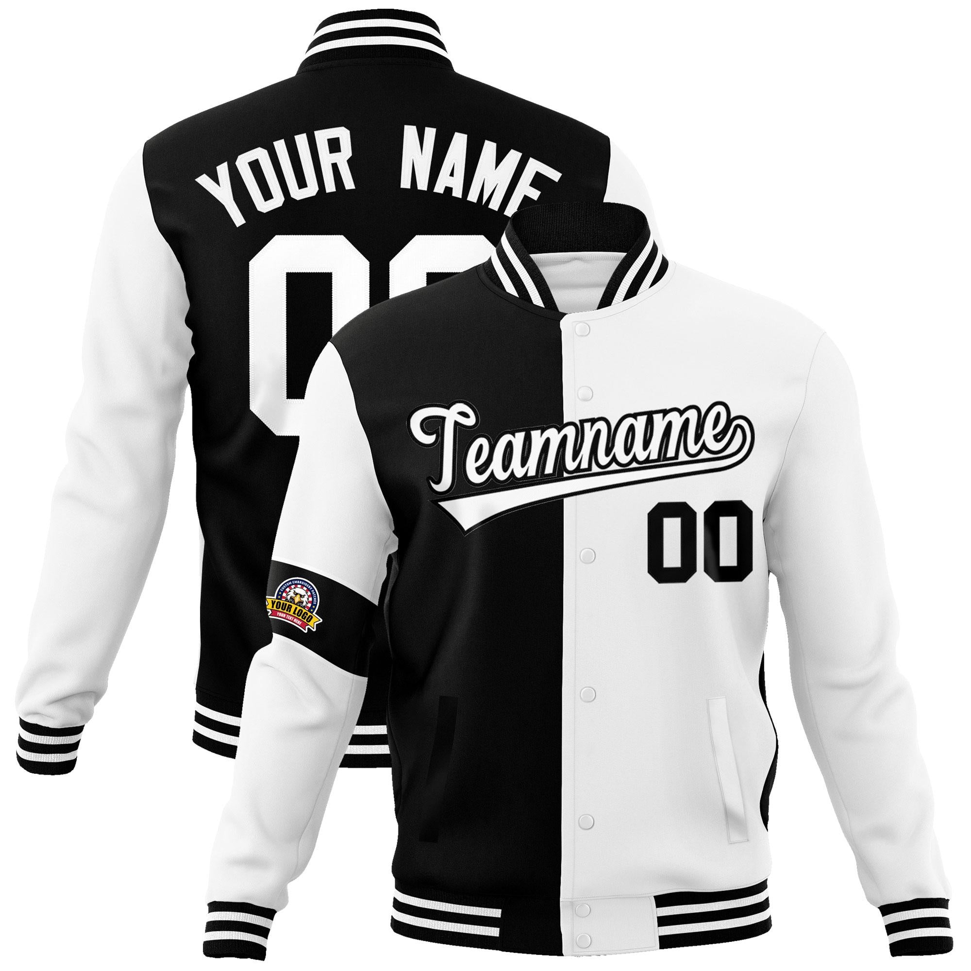 Custom Black White Letterman Two Tone Full-Snap Split Fashion Jacket