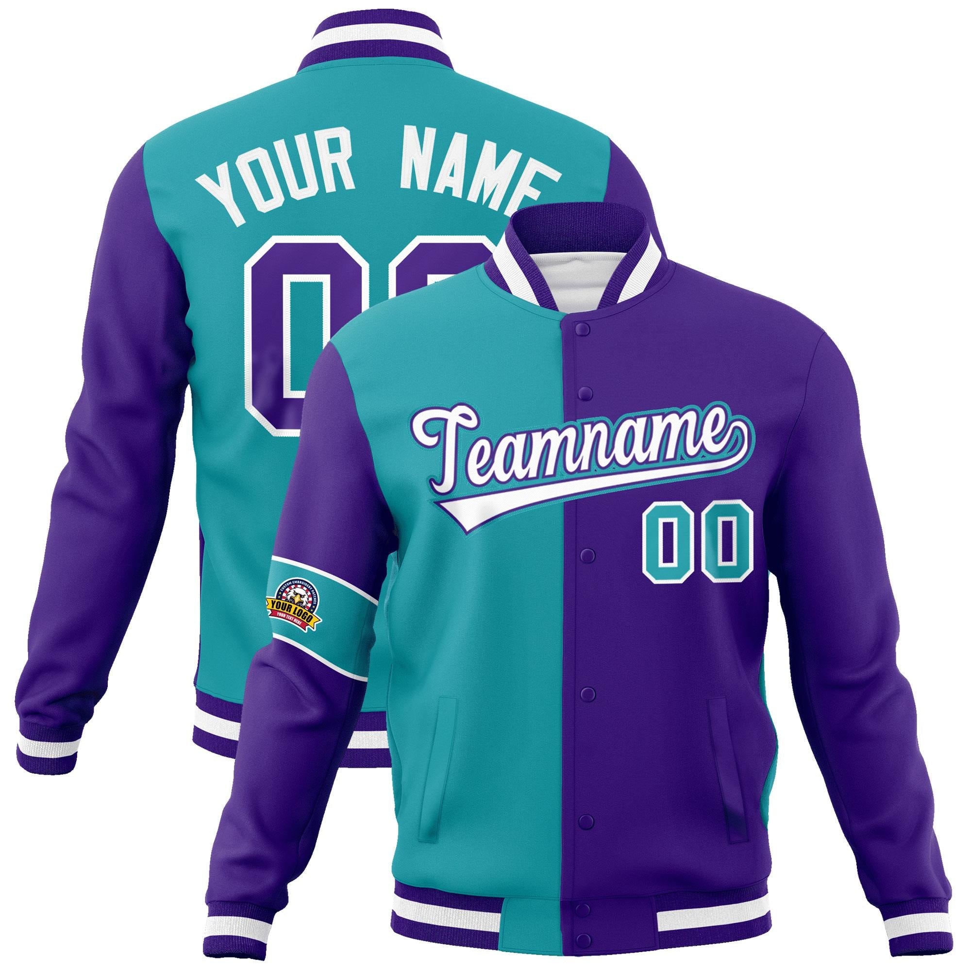 Custom Aqua Purple-White Letterman Two Tone Full-Snap Split Fashion Jacket