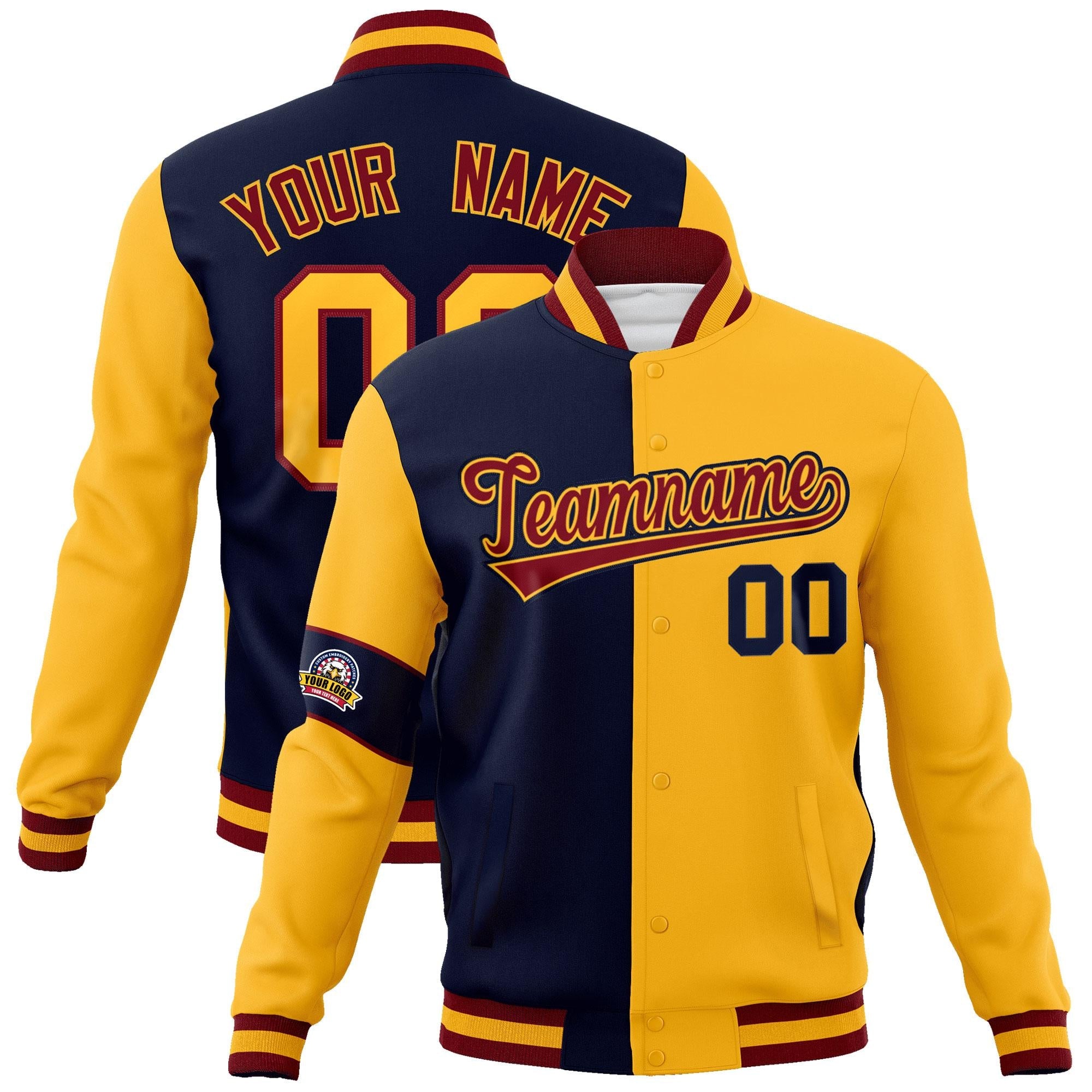 Custom Navy Gold-Crimson Letterman Two Tone Full-Snap Split Fashion Jacket