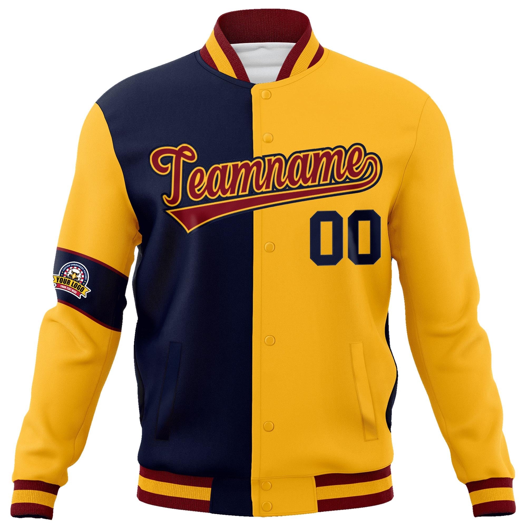 Custom Navy Gold-Crimson Letterman Two Tone Full-Snap Split Fashion Jacket