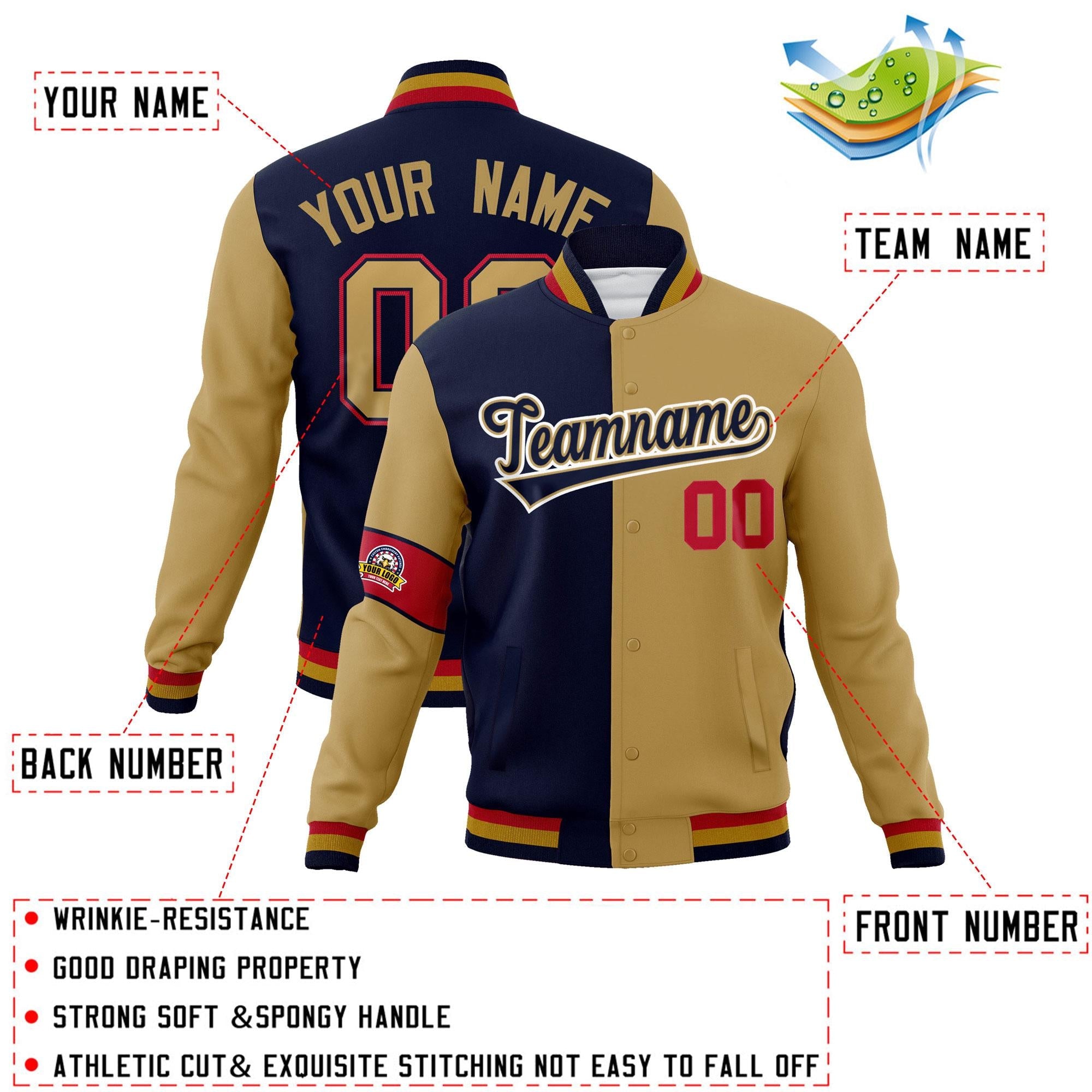 Custom Navy Old Gold-White Letterman Two Tone Full-Snap Split Fashion Jacket