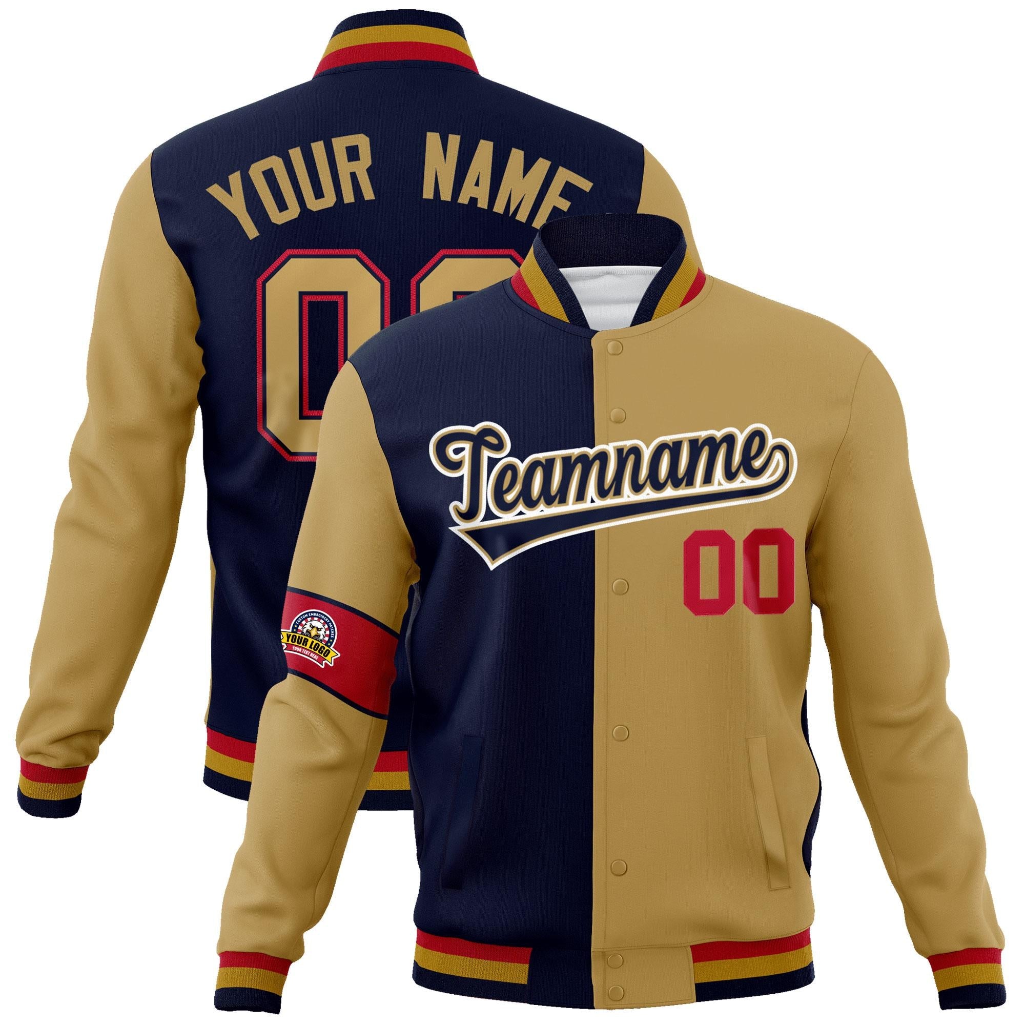 Custom Navy Old Gold-White Letterman Two Tone Full-Snap Split Fashion Jacket