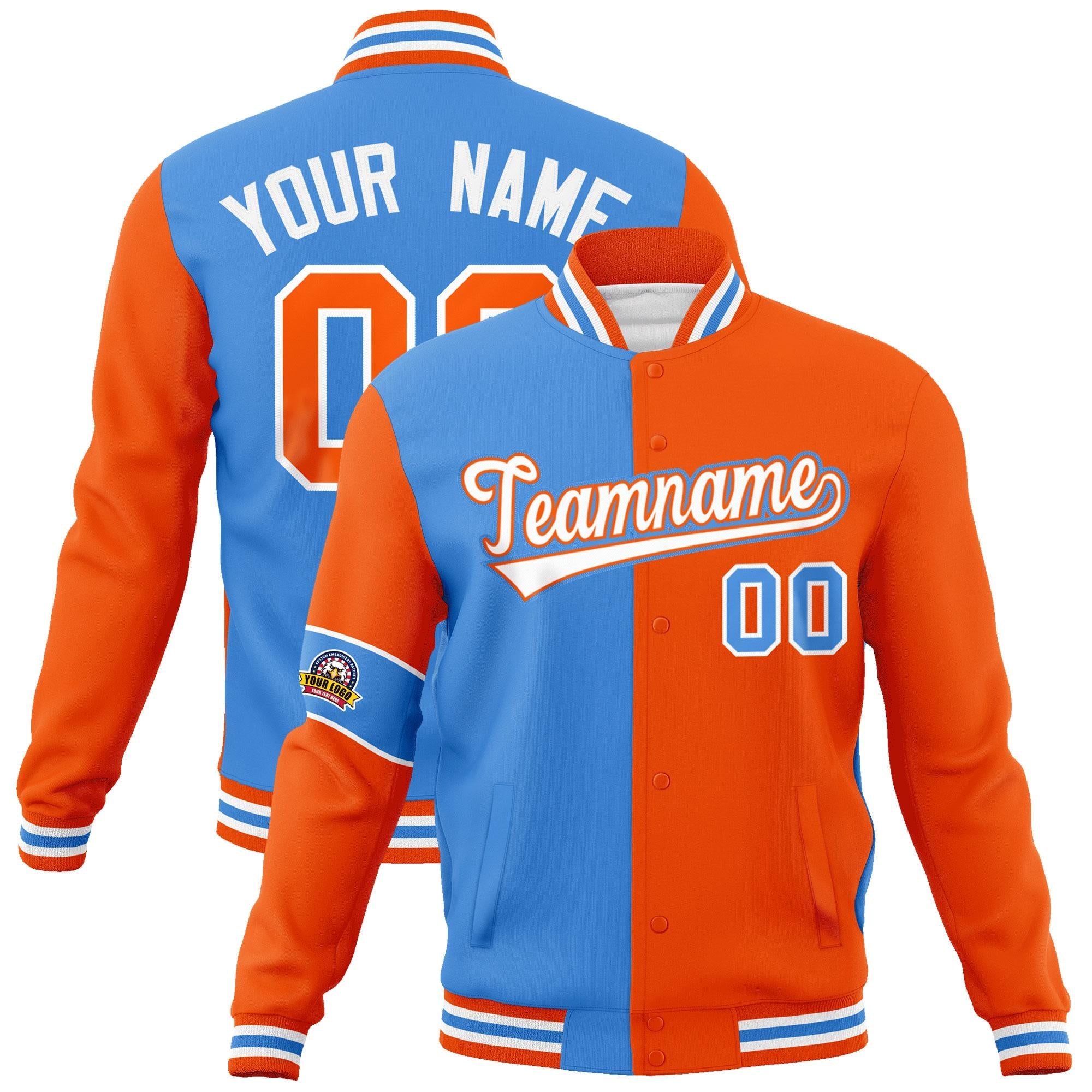 Custom Powder Blue Orange-White Letterman Two Tone Full-Snap Split Fashion Jacket