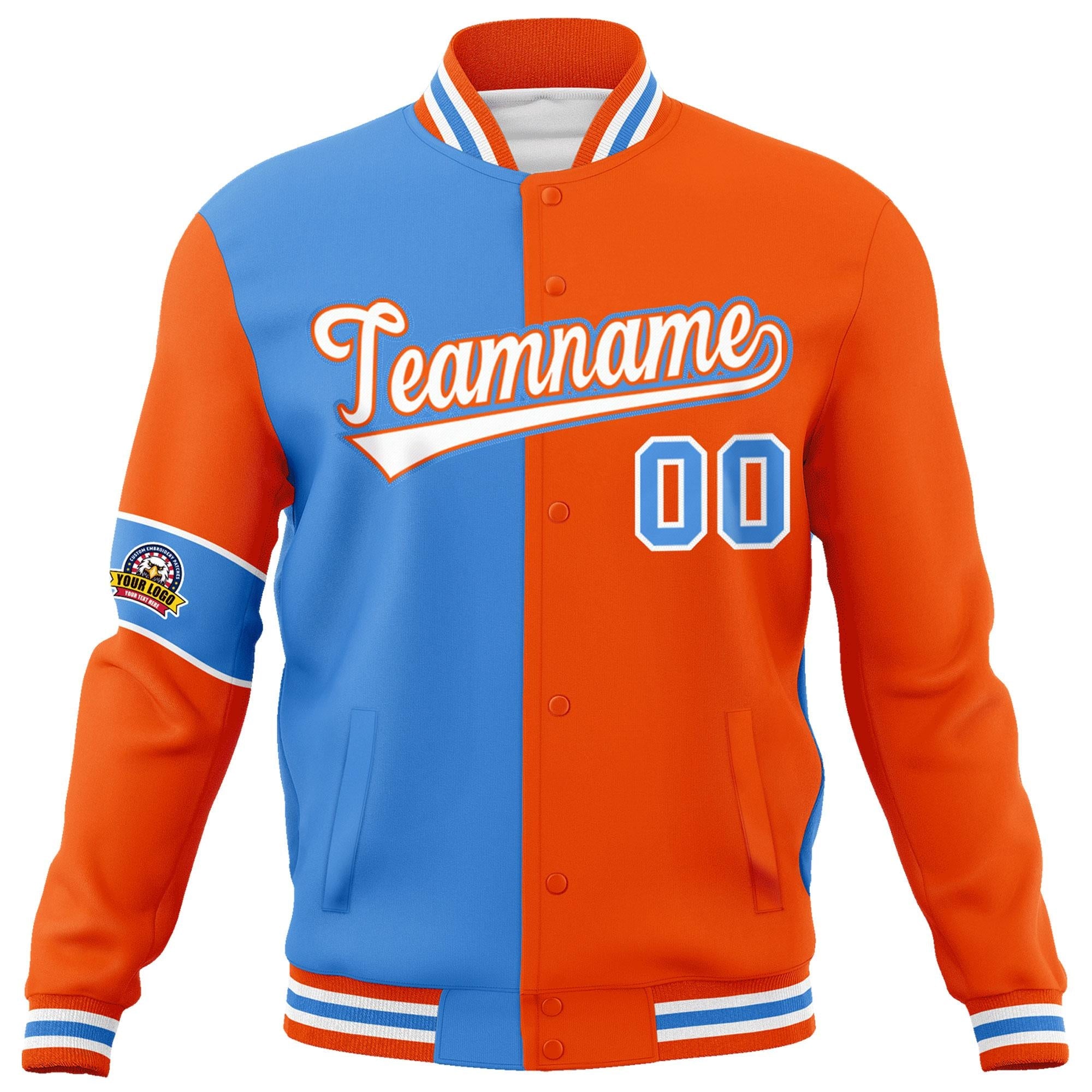 Custom Powder Blue Orange-White Letterman Two Tone Full-Snap Split Fashion Jacket