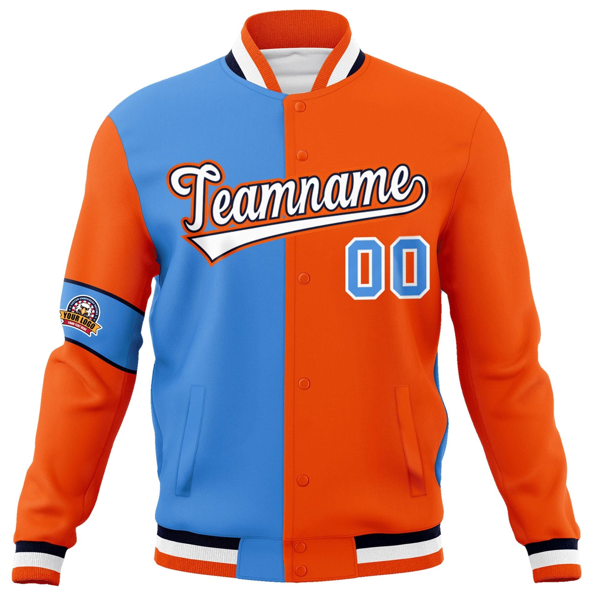 Custom Powder Blue Orange-White Letterman Two Tone Full-Snap Split Fashion Jacket