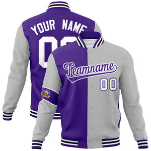 Custom Purple Gray-White Letterman Two Tone Full-Snap Split Fashion Jacket