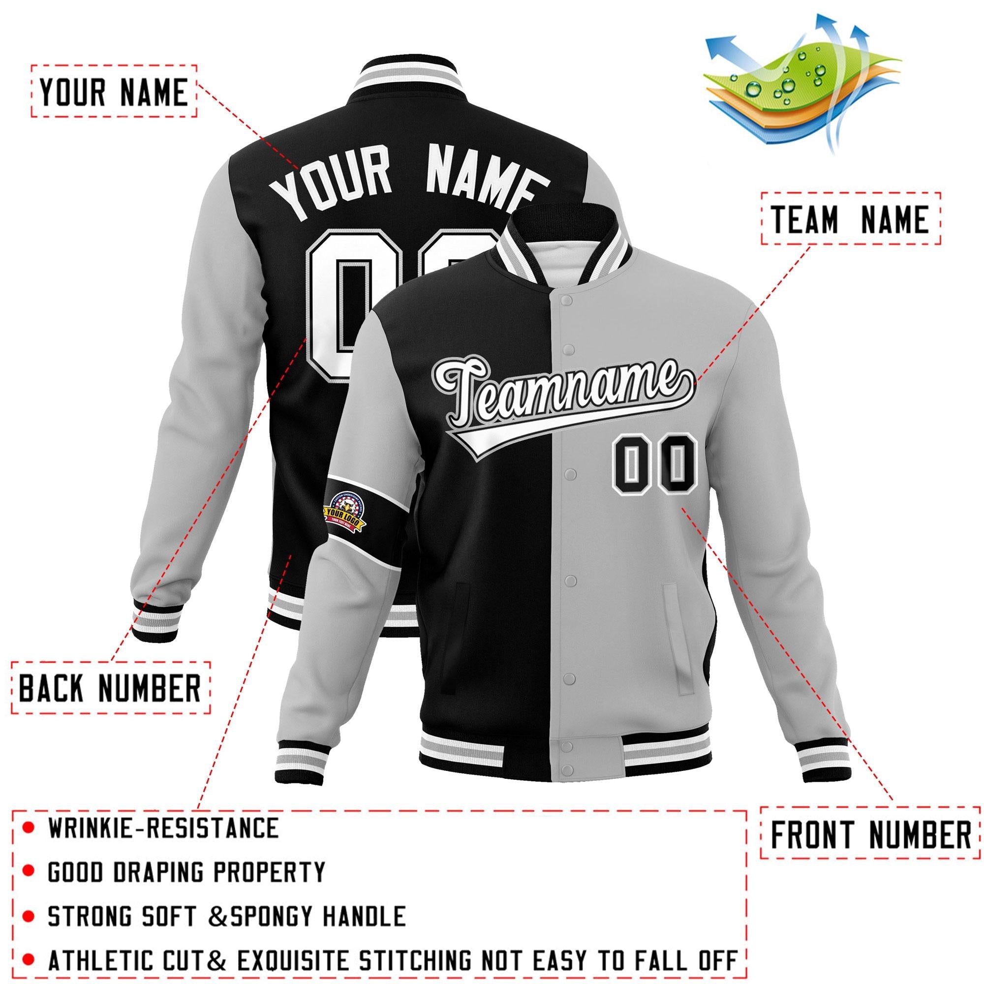 Custom Black Gray-White Letterman Two Tone Full-Snap Split Fashion Jacket