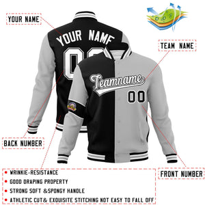 Custom Black Gray-White Letterman Two Tone Full-Snap Split Fashion Jacket