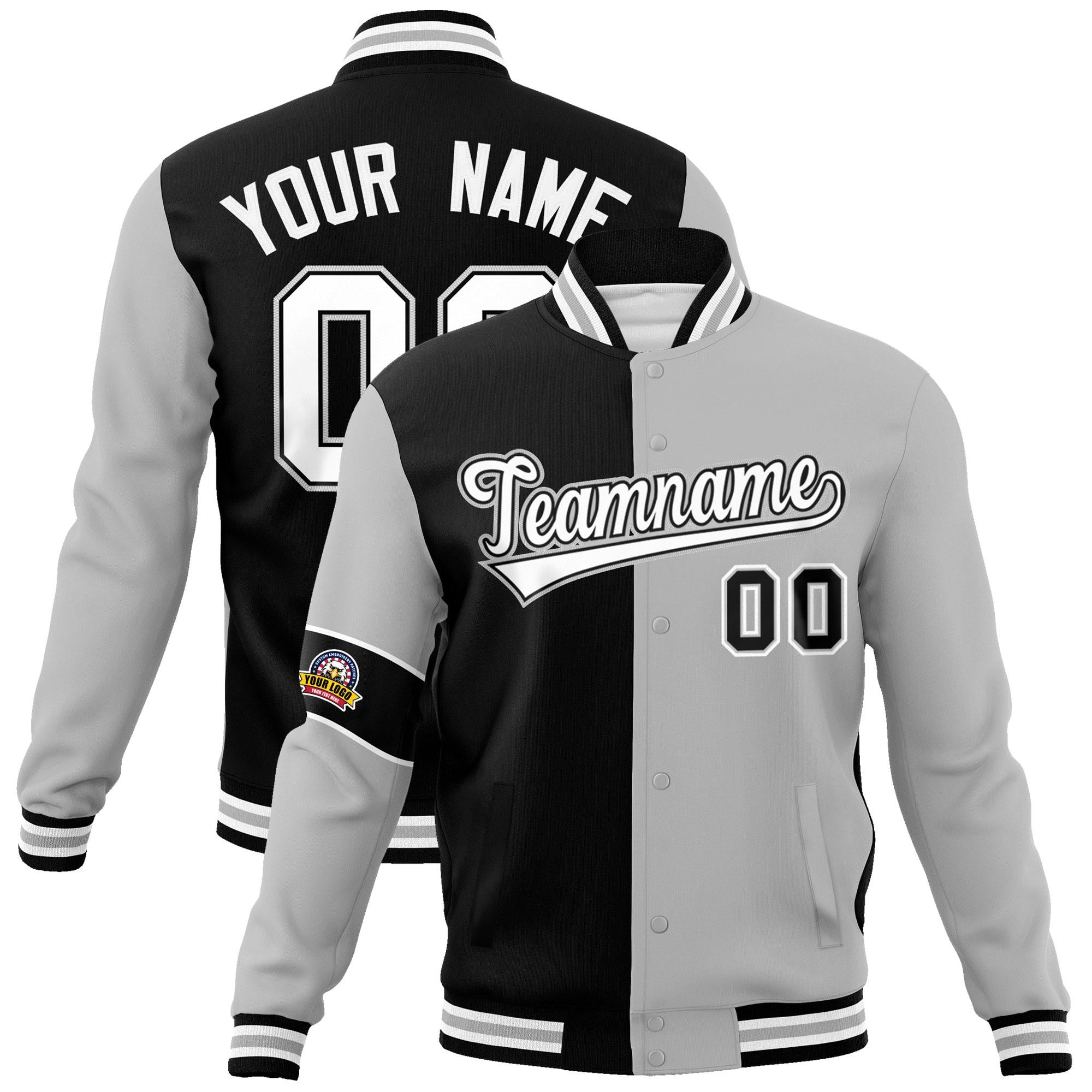 Custom Black Gray-White Letterman Two Tone Full-Snap Split Fashion Jacket