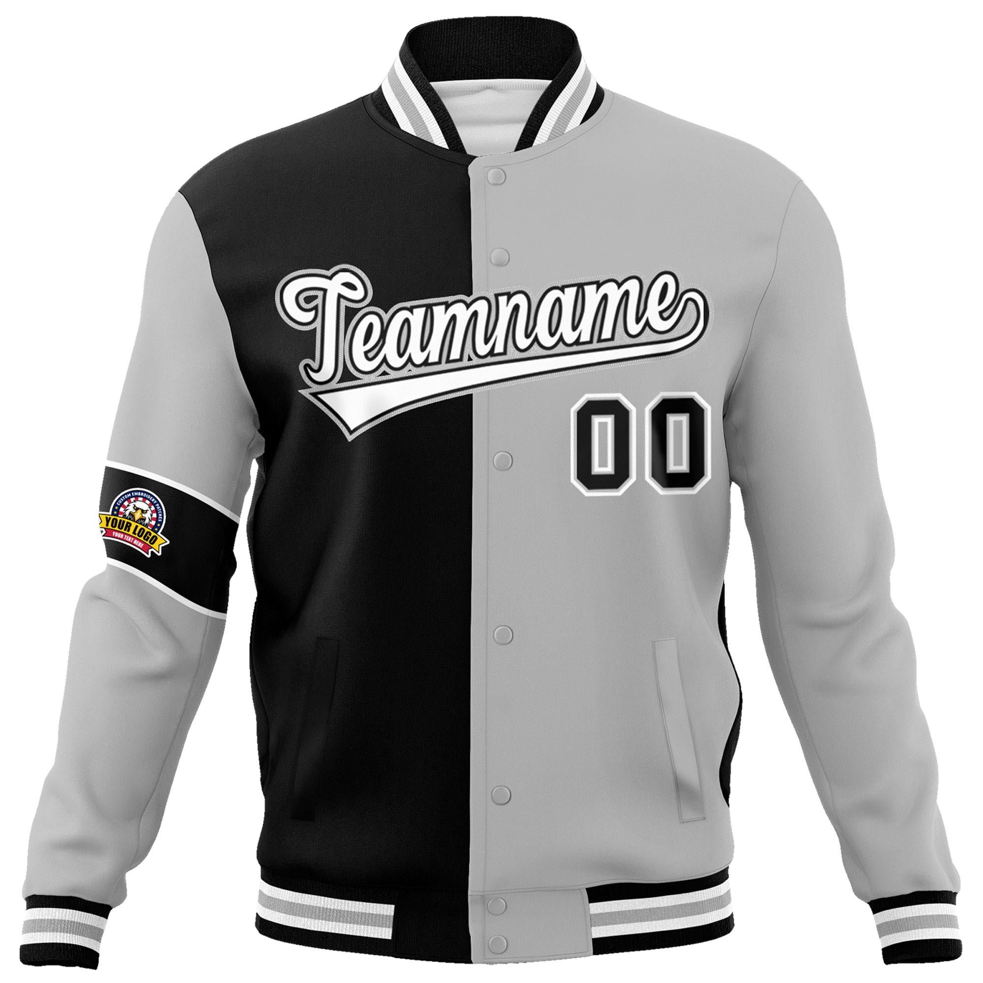 Custom Black Gray-White Letterman Two Tone Full-Snap Split Fashion Jacket