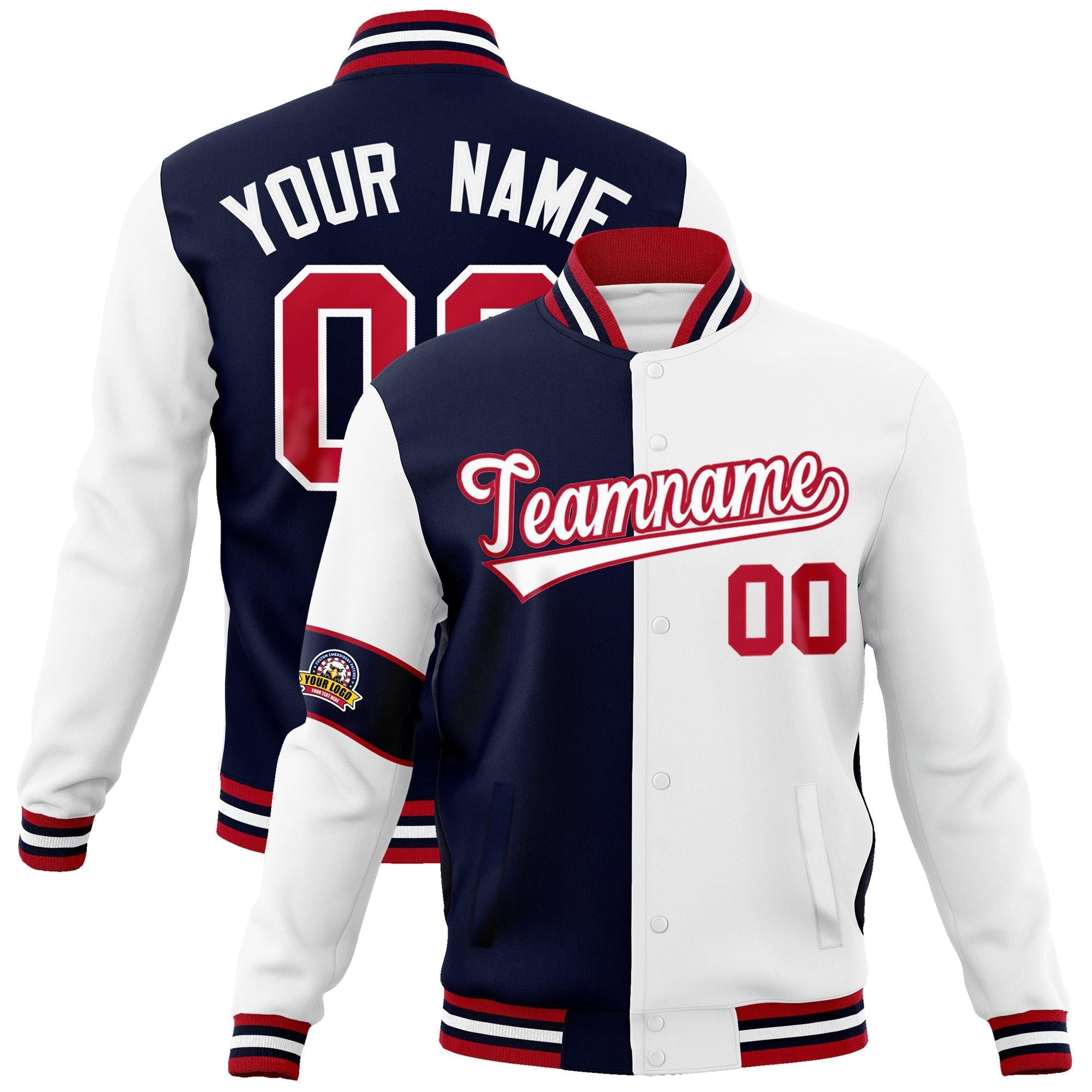 Custom Navy White-Red Letterman Two Tone Full-Snap Split Fashion Jacket