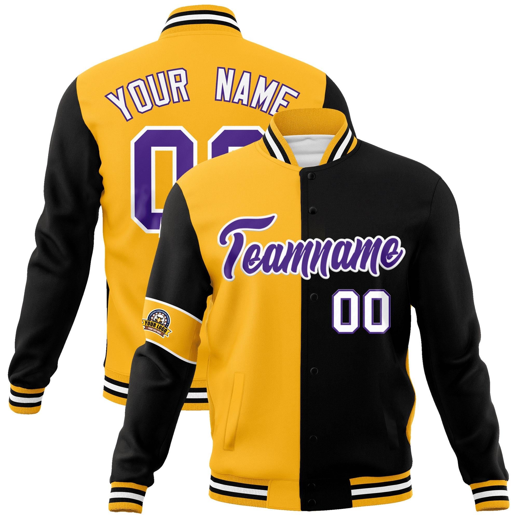 Custom Gold Black-Purple Letterman Two Tone Full-Snap Split Fashion Jacket