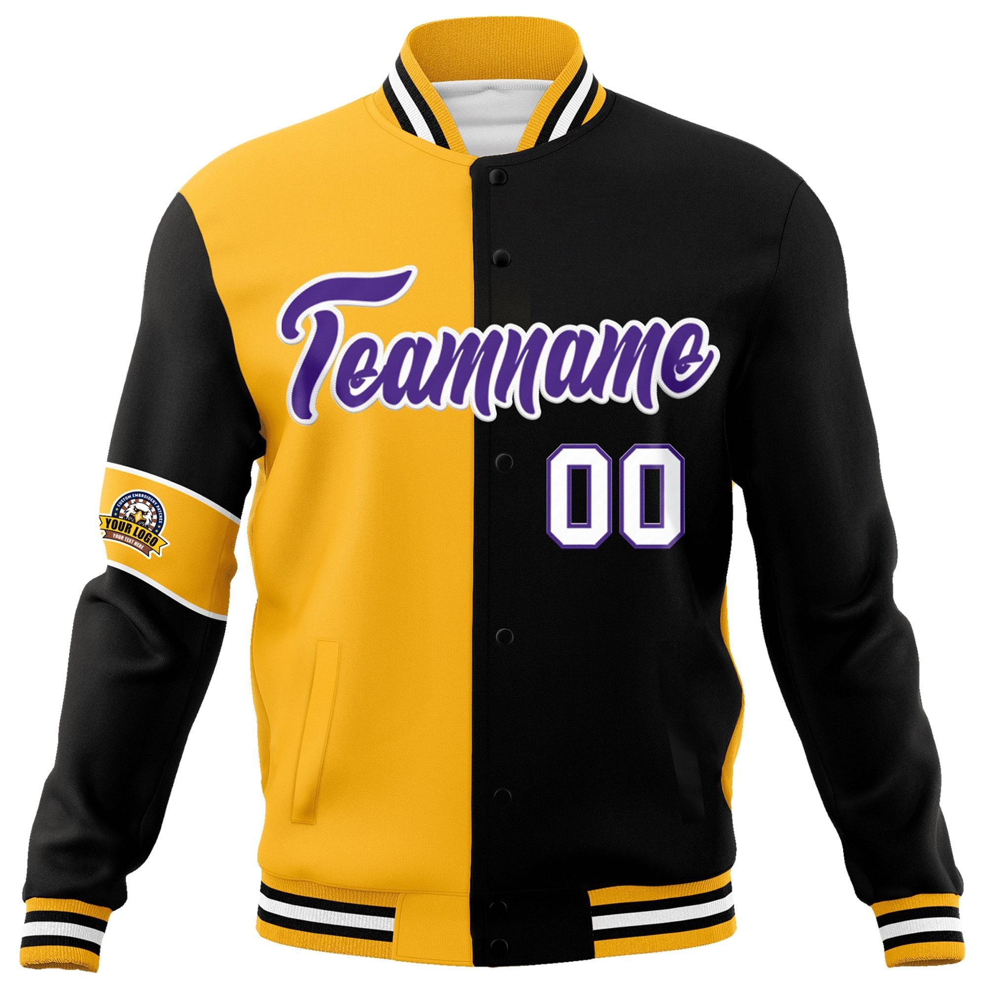 Custom Gold Black-Purple Letterman Two Tone Full-Snap Split Fashion Jacket