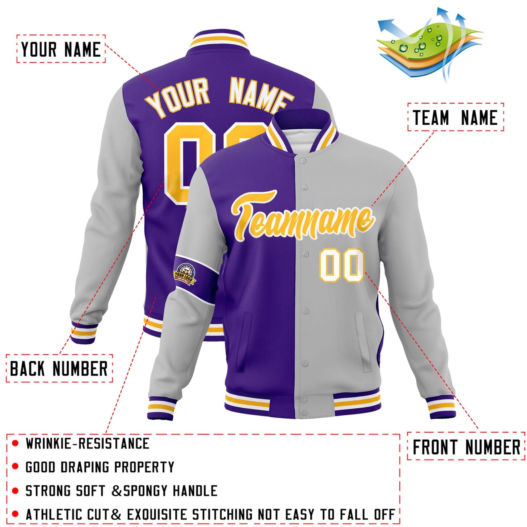 Custom Purple Gray-Gold Letterman Two Tone Full-Snap Split Fashion Jacket