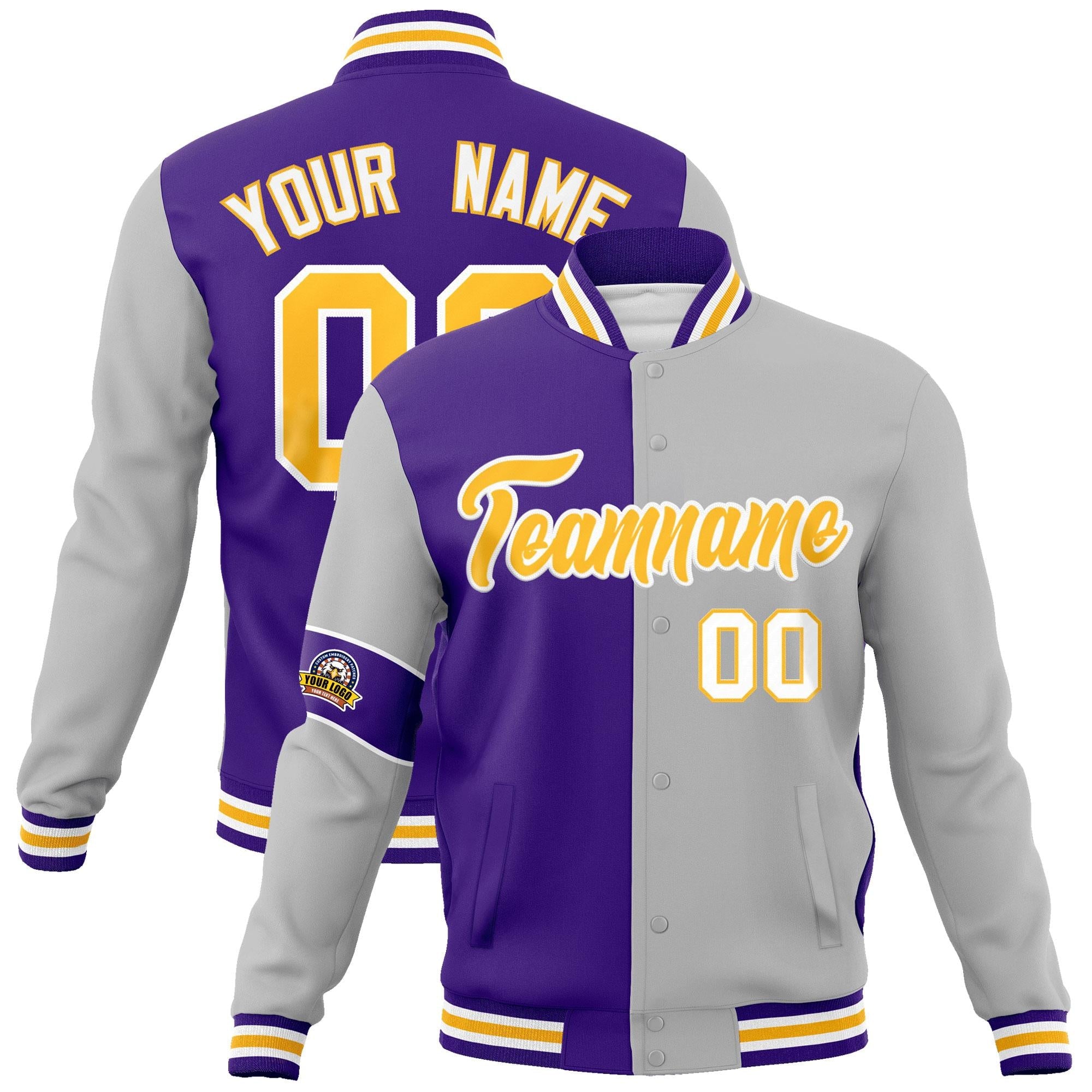 Custom Purple Gray-Gold Letterman Two Tone Full-Snap Split Fashion Jacket