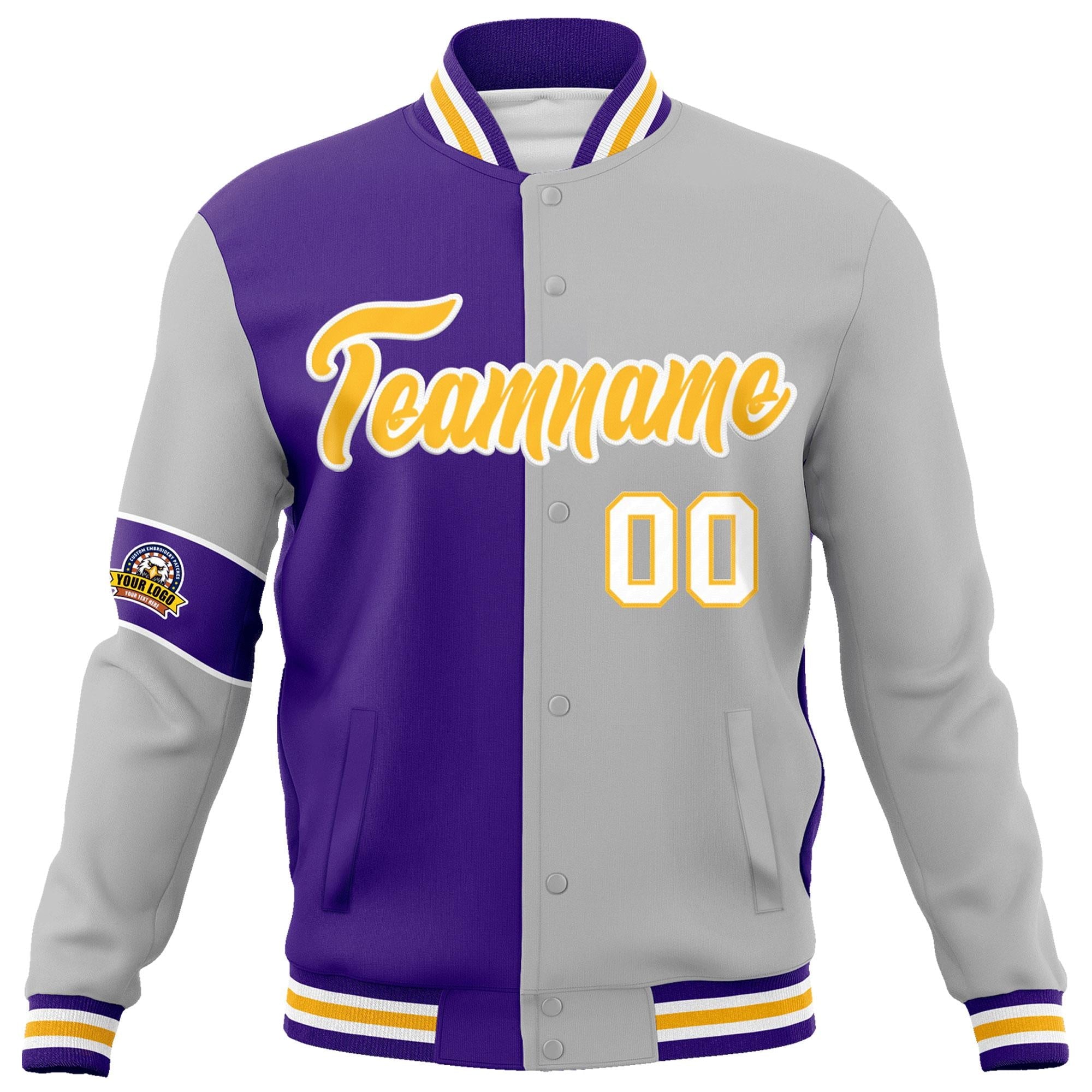 Custom Purple Gray-Gold Letterman Two Tone Full-Snap Split Fashion Jacket