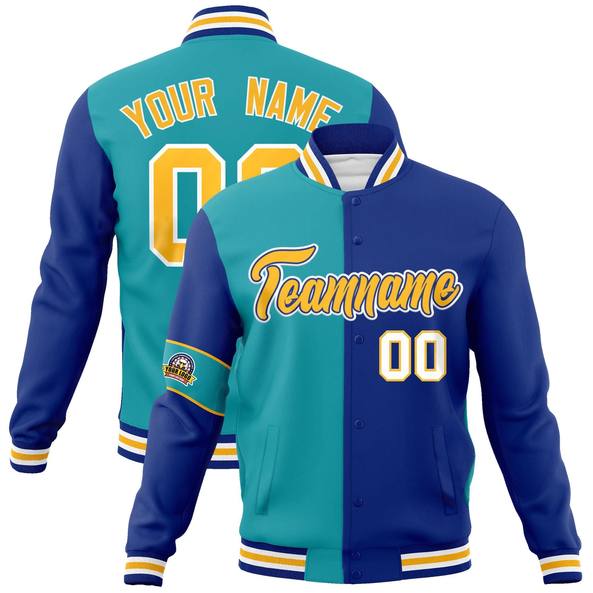 Custom Aqua Royal-Gold Letterman Two Tone Full-Snap Split Fashion Jacket