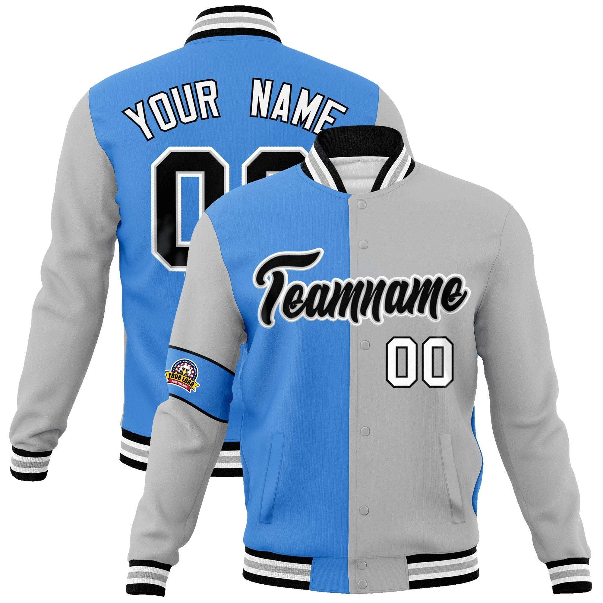 Custom Powder Blue Gray-Black Letterman Two Tone Full-Snap Split Fashion Jacket