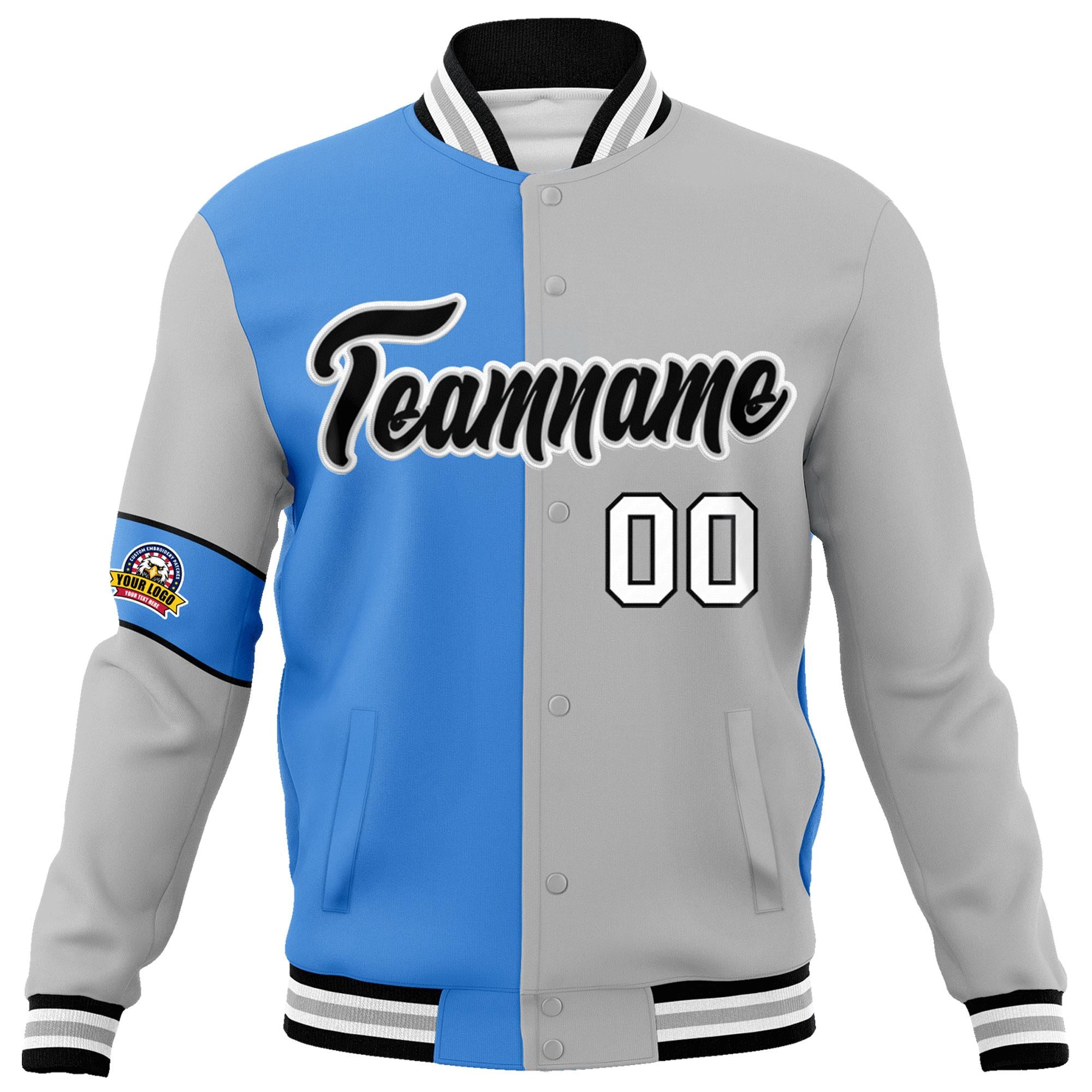 Custom Powder Blue Gray-Black Letterman Two Tone Full-Snap Split Fashion Jacket