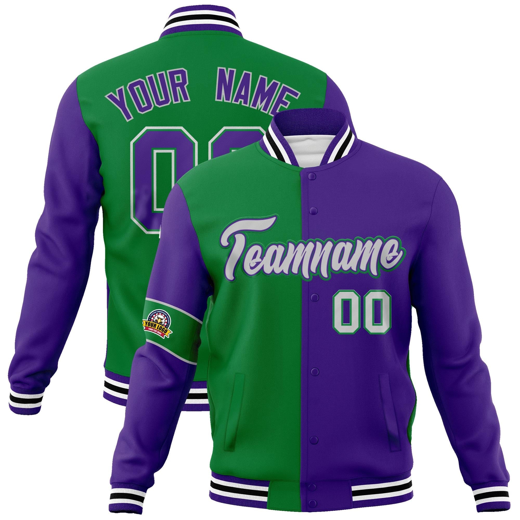 Custom Kelly Green Purple-Gray Letterman Two Tone Full-Snap Split Fashion Jacket