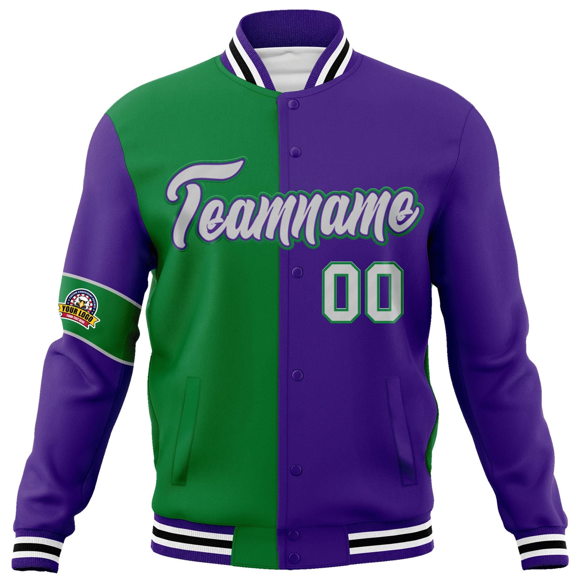 Custom Kelly Green Purple-Gray Letterman Two Tone Full-Snap Split Fashion Jacket