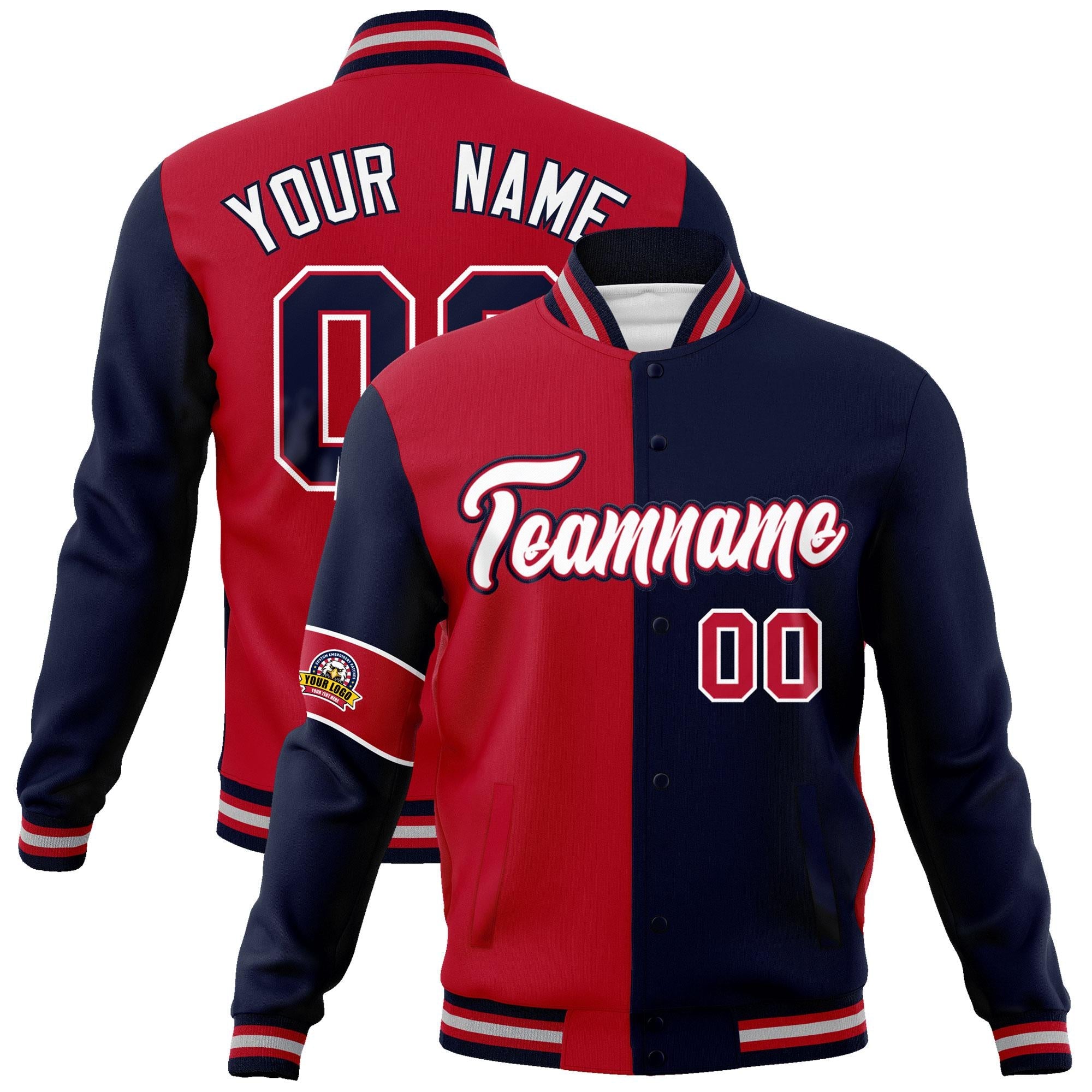 Custom Red Navy-White Letterman Two Tone Full-Snap Split Fashion Jacket