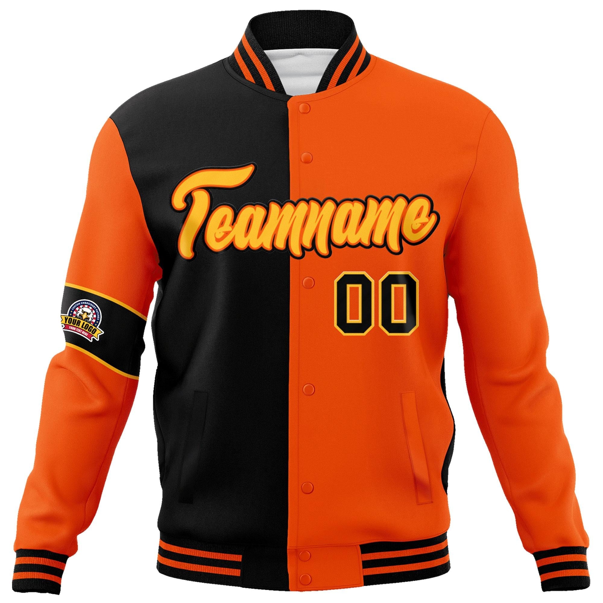 Custom Black Orange-Gold Letterman Two Tone Full-Snap Split Fashion Jacket