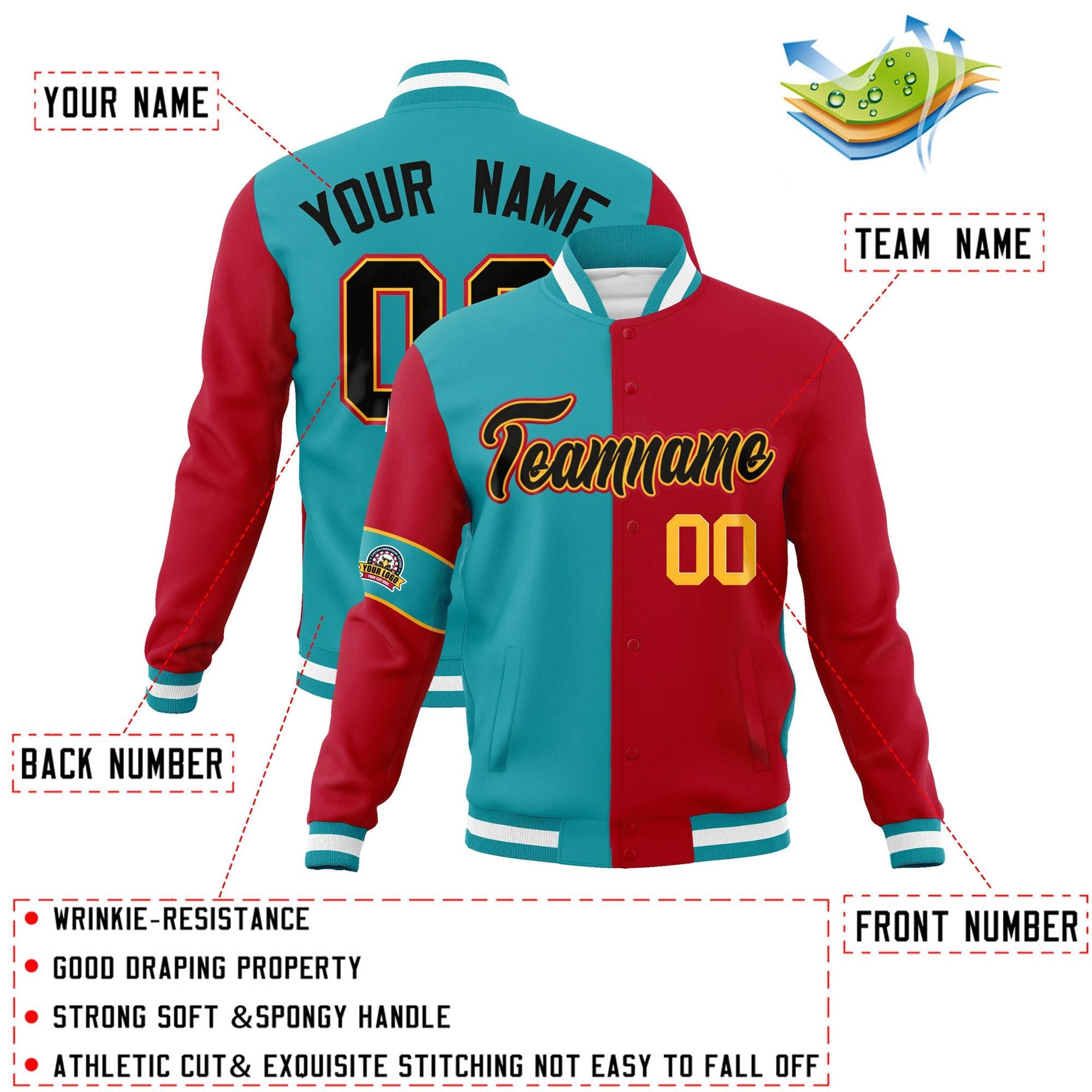 Custom Aqua Red-Black Letterman Two Tone Full-Snap Split Fashion Jacket