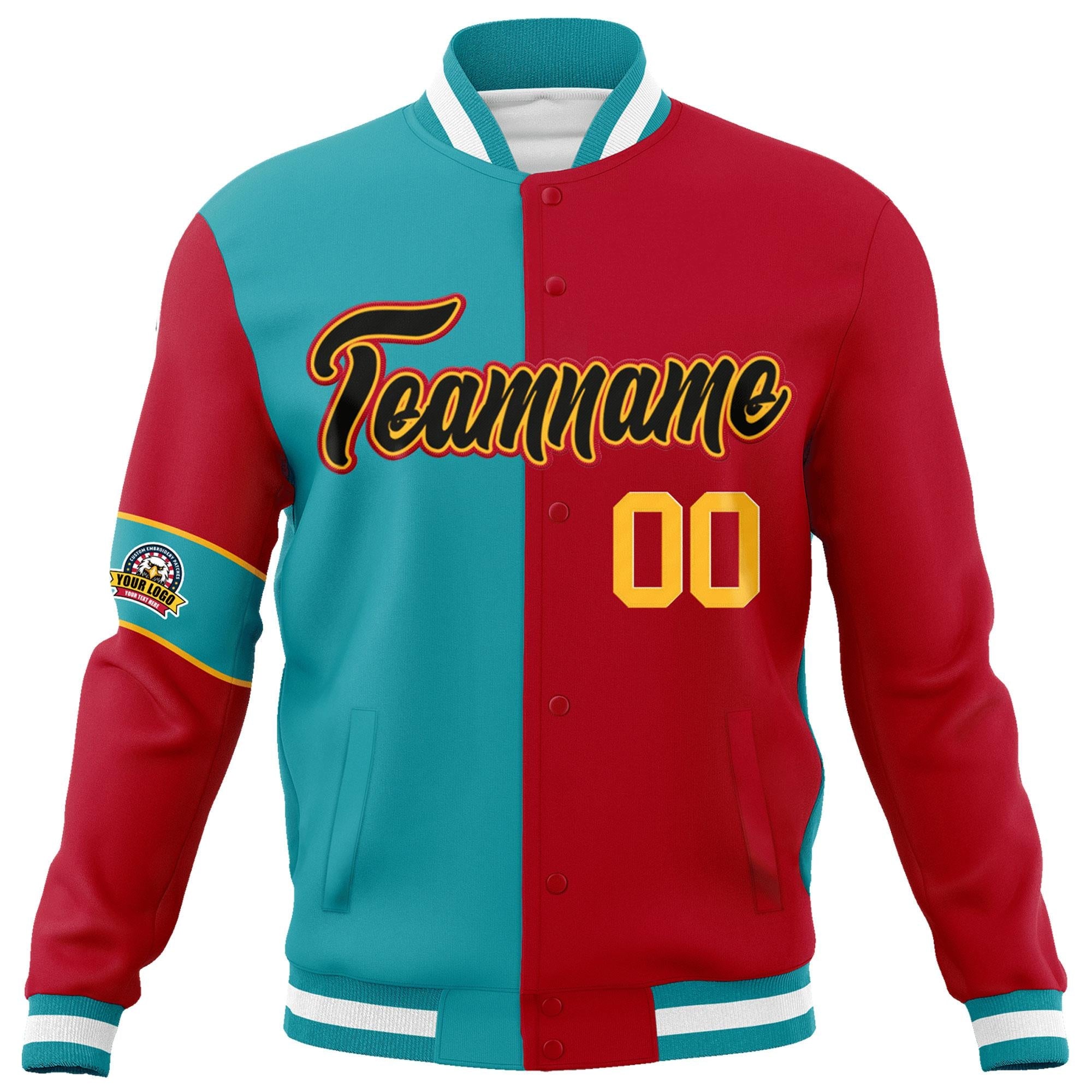 Custom Aqua Red-Black Letterman Two Tone Full-Snap Split Fashion Jacket