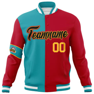 Custom Aqua Red-Black Letterman Two Tone Full-Snap Split Fashion Jacket