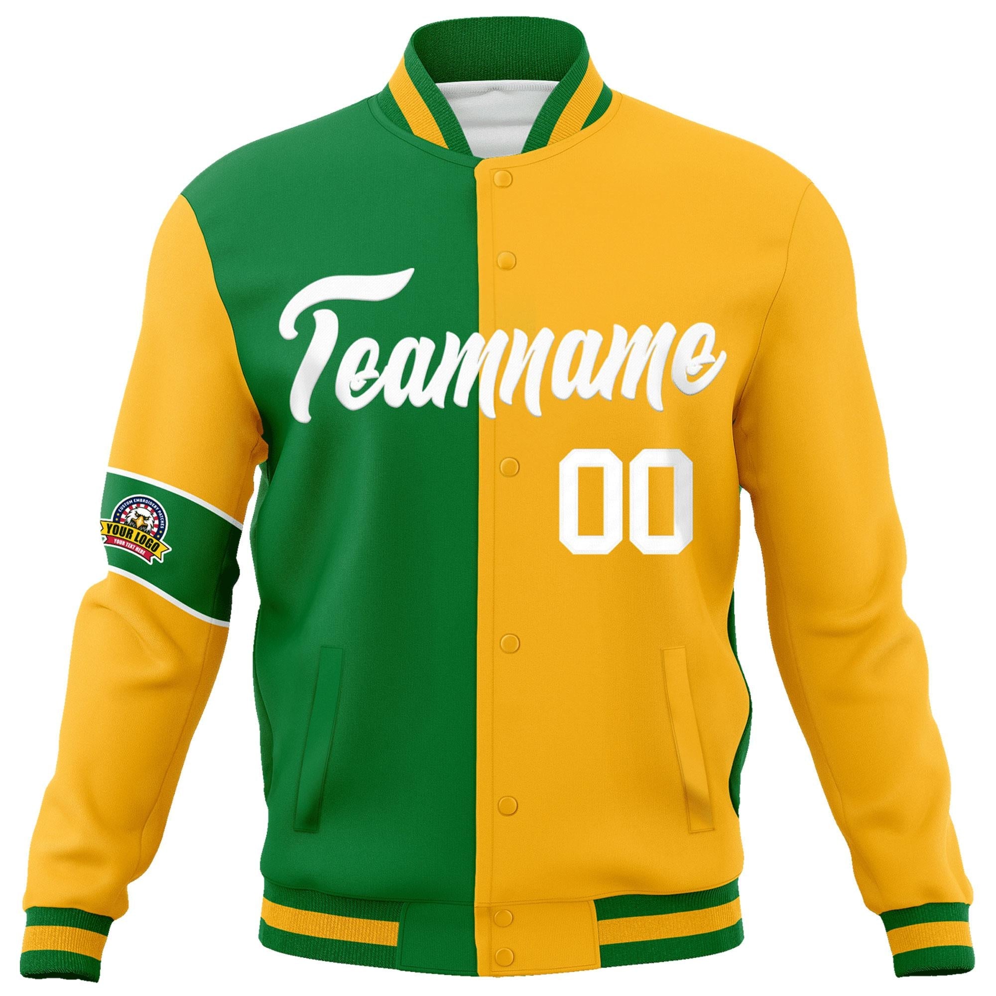 Custom Kelly Green Gold-White Letterman Two Tone Full-Snap Split Fashion Jacket